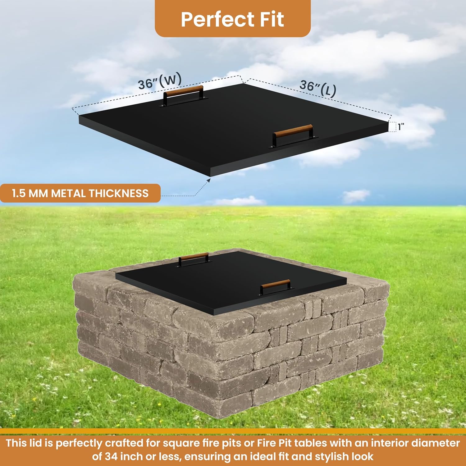 Febtech - 36 inch Square Fire Pit Lid Fit for 34