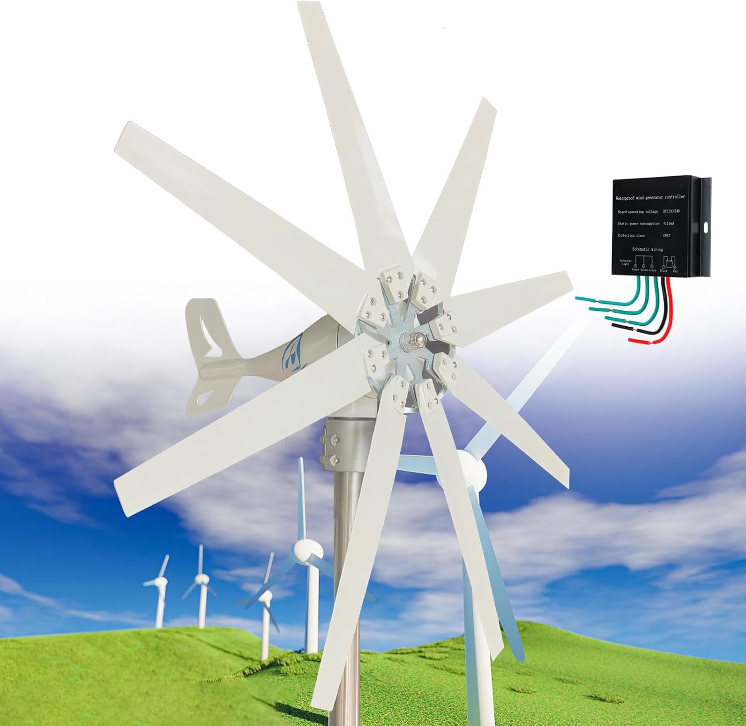 14000W Wind Turbine Generator, 12V/24V/48V/110V/220V 8 Blades Wind Mill Generator Kit, 3 Phase AC Permanent Magnet Generator, with Controller, Home Small Wind Turbine Generator,24V