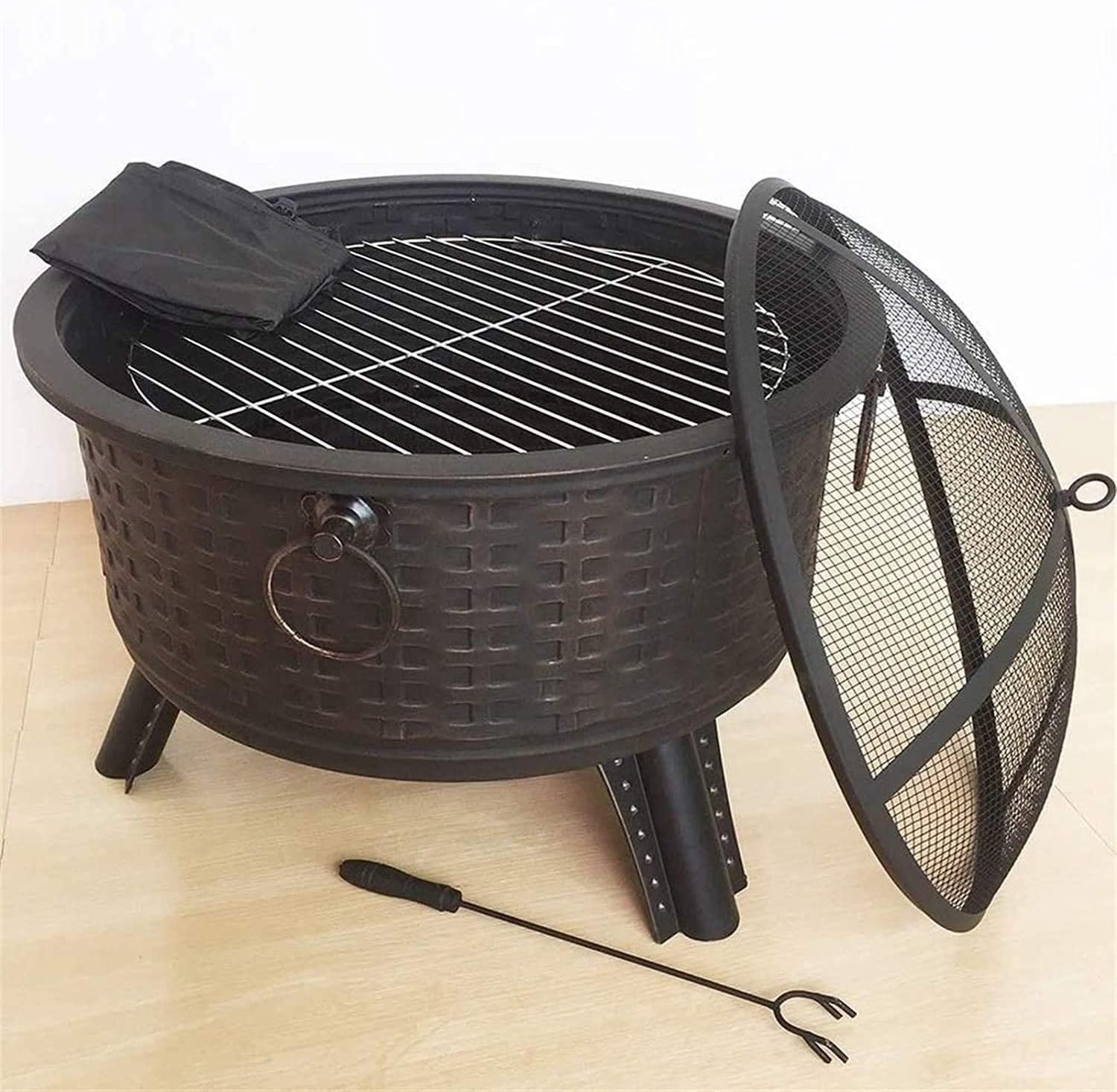 Outdoor Fire Pit, Wood Burning Fire Pit with Spark Screen, Steel Fire Pit, Fire Pits for Outside, Bonfire, Party, BBQ, Patio & Garden, Black