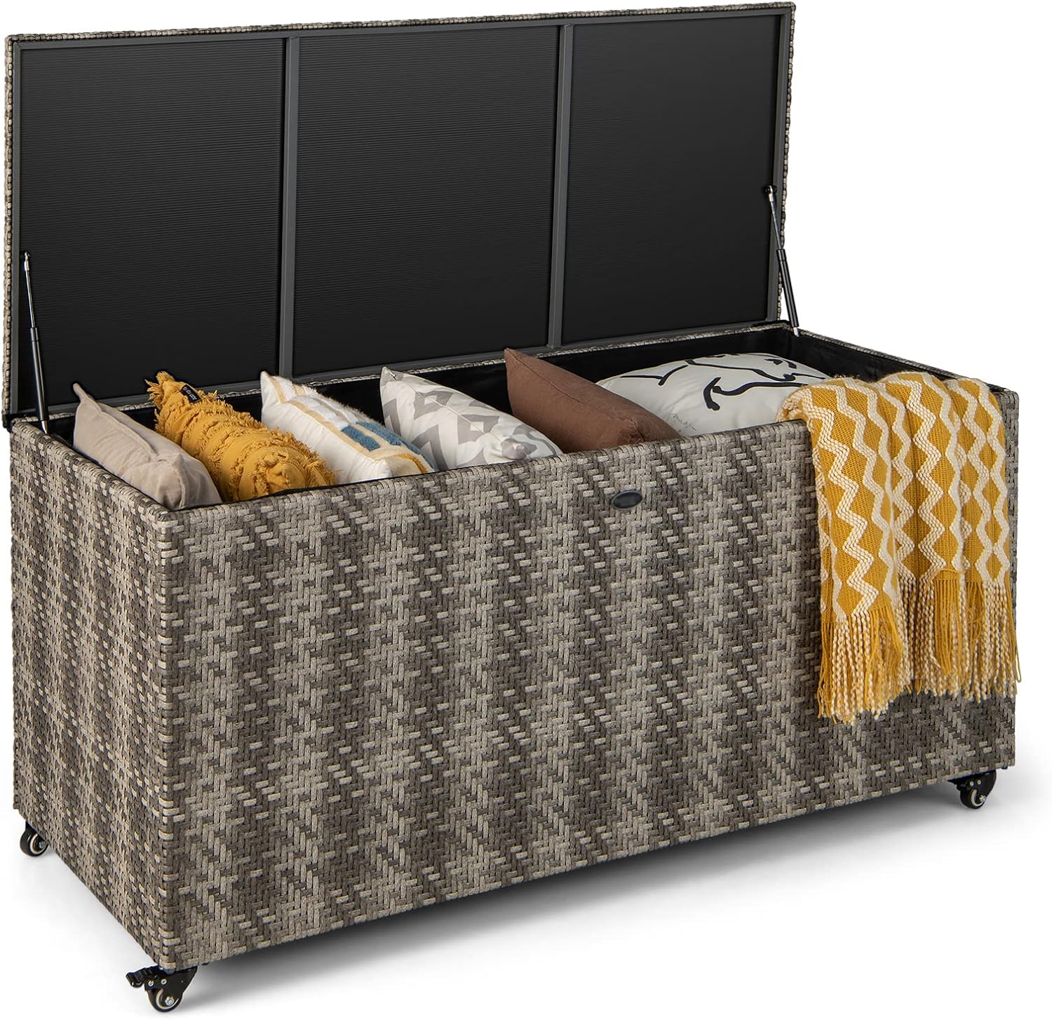 HAPPYGRILL PE Wicker Outdoor Deck Box, 96 Gallon Storage Box with 4 Wheels and Liner, 2-in-1 Multifunctional Storage Box for Patio Furniture Cushions Garden Tools Pool Accessories