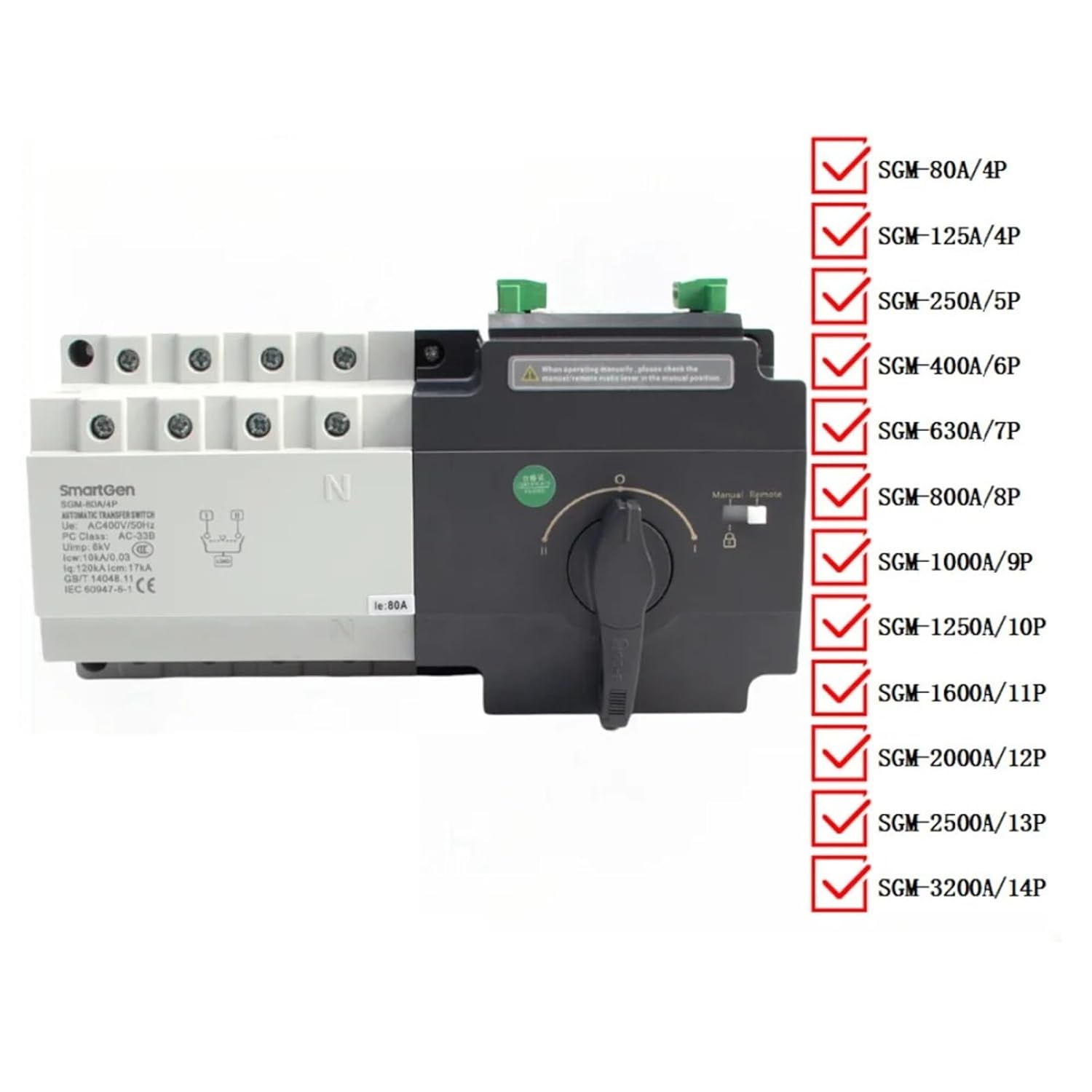 SGM-80A 125A 250A 4P 400A 630A Genset Type ATS Dual Power Automatic Transfer Switch Compatible Generator Controller(630A)