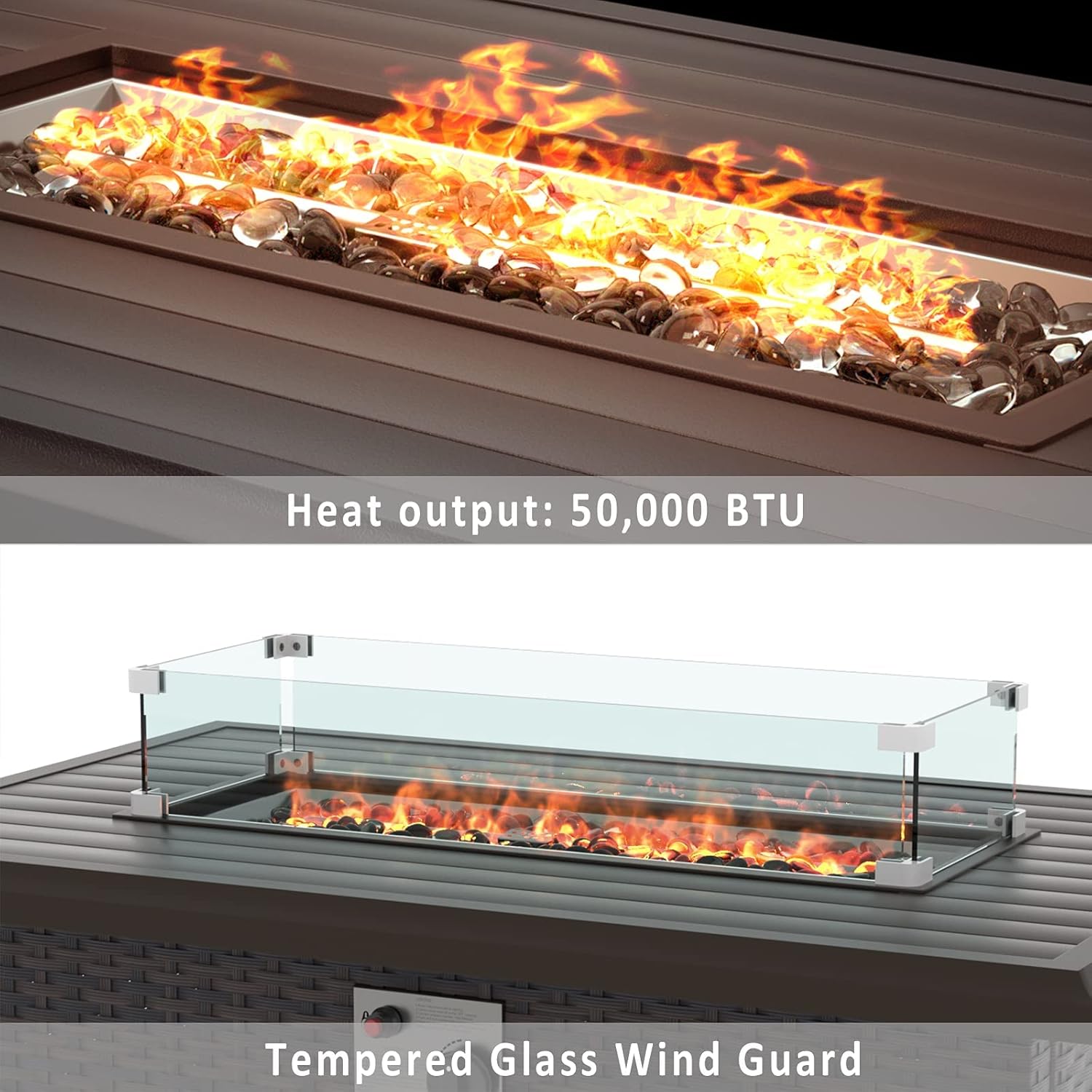 ALAULM Outdoor Propane Gas Fire Pit Table 43'',50,000 BTU with Rectangular Tabletop,Auto-Ignition,Adjustable Flame,Glass Wind Guard,Brown PE Rattan & ETL Certification
