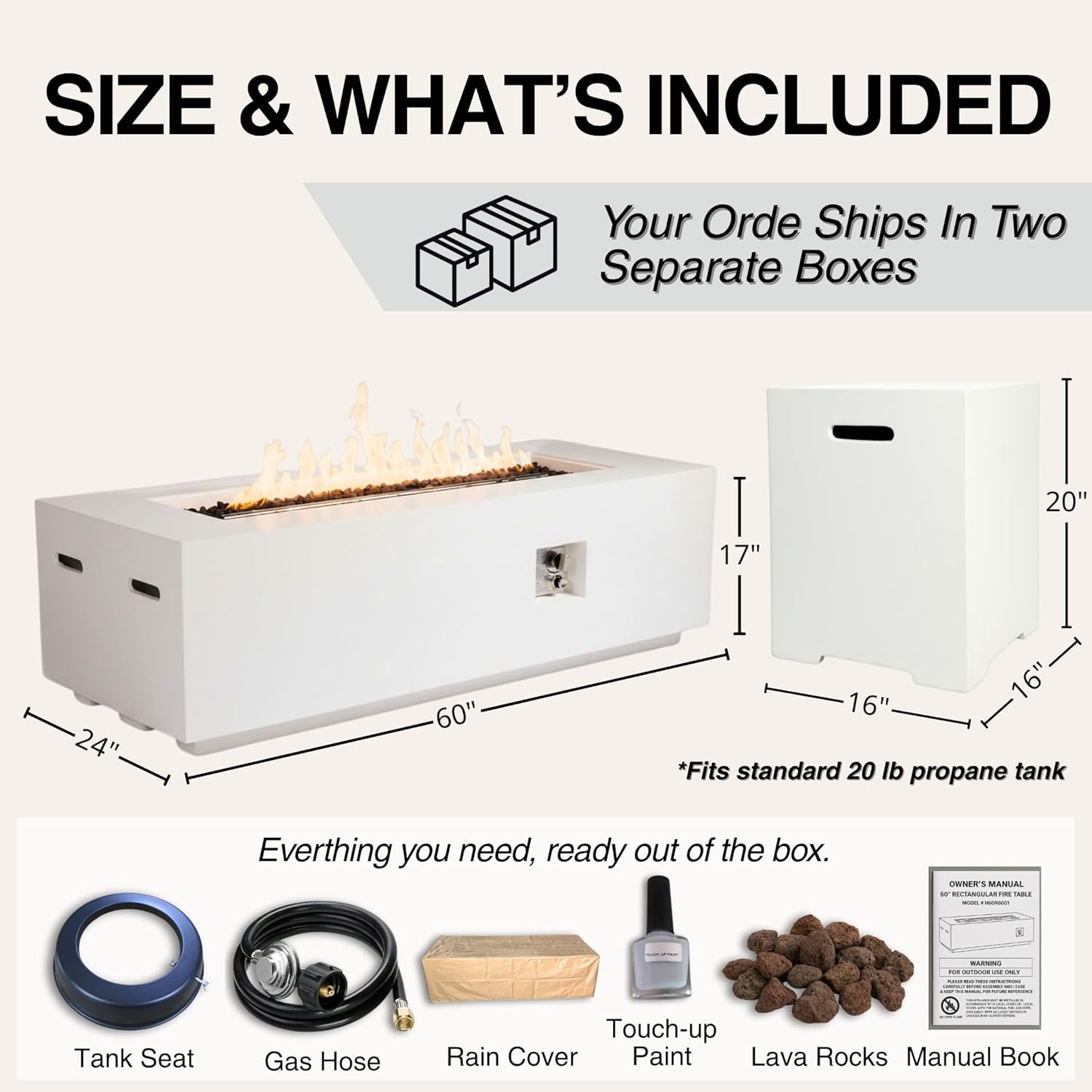 60-Inch Outdoor Gas Propane Fire Pit Table with Propane Tank Cover,Set-2-Piece,60,000 BTU Concrete Fire Pit with Free Rain Cover, Tank Seat, Lava Rocks, for Outside Patio Backyard,White