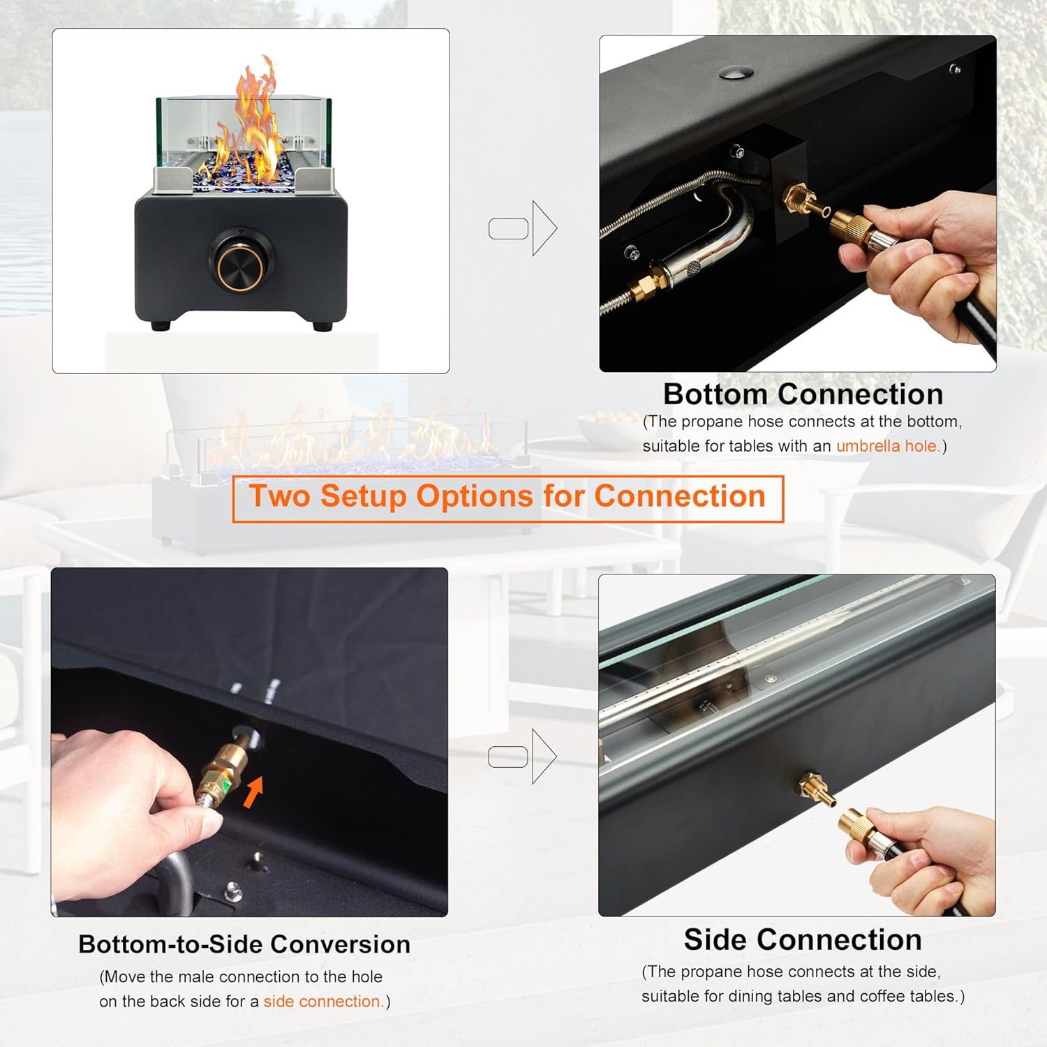 28-inch Table Top Propane Fire Pit, 40,000 BTU Tabletop Firepit for Patio, Outdoor Portable Rectangular Fire Bowl w/Wind Glass Shield, Glass Rocks - Black