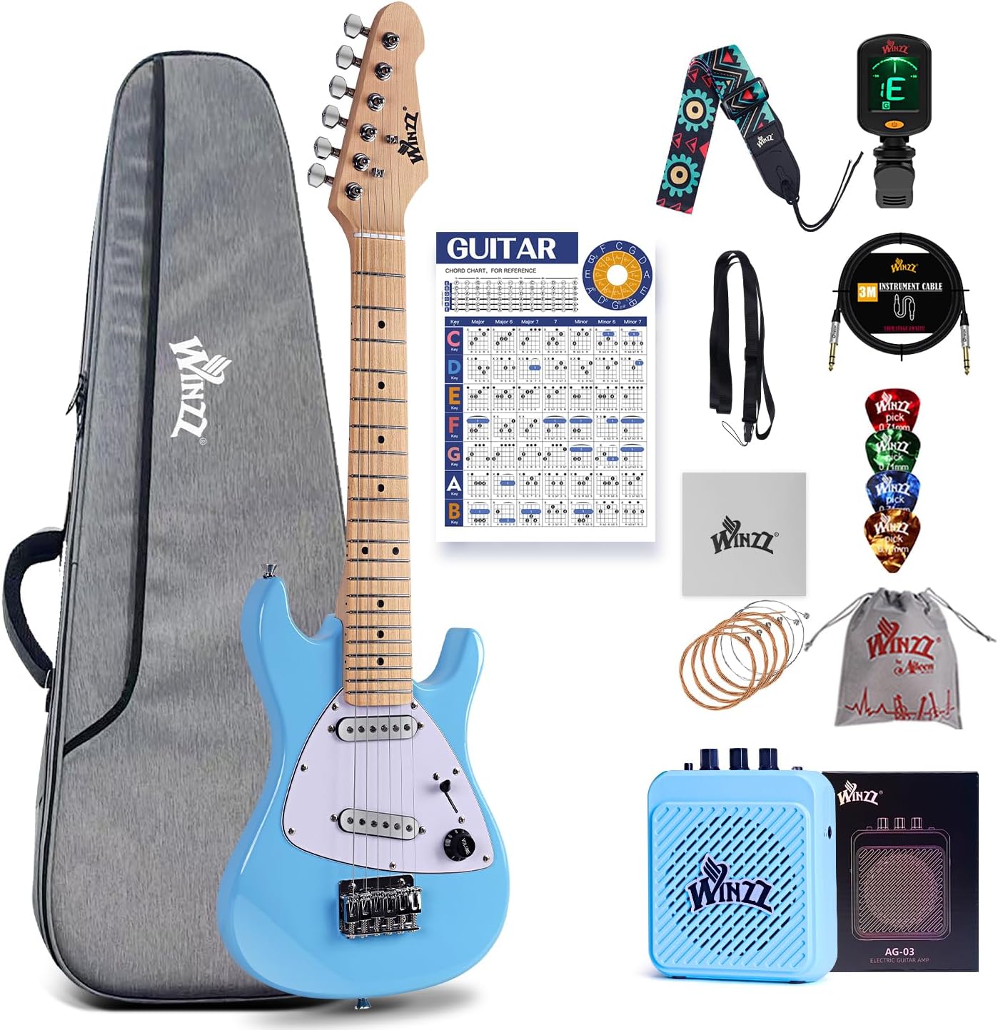 Winzz 30 Inch Kids Electric Guitar Beginner Kit, Junior 1/4 Size Mini Electric Guitar for Children Complete Stater Set with Amp, Gloosy Blue Colour