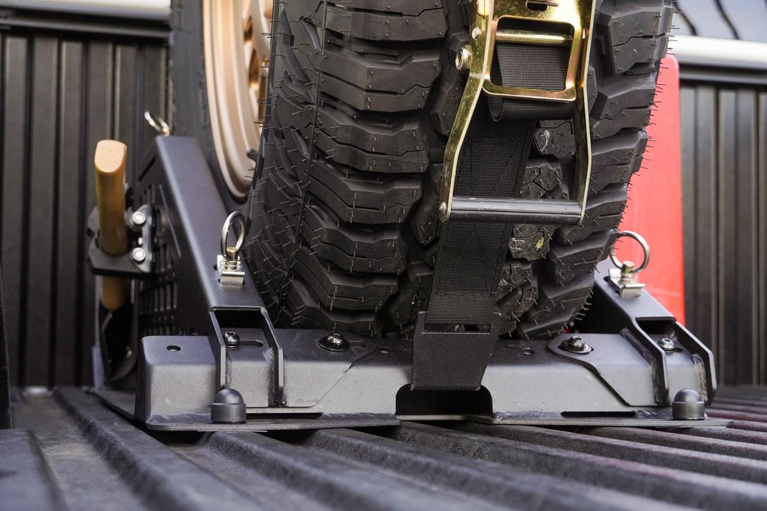 DV8 Offroad Truck Bed Universal Tire Carrier & Accessory Mount | Featured Side Molle Panels for Mounting Gear & Supplies | Adjustable for Carrying Various Sized Tires and Bikes | Powder Coated Finish