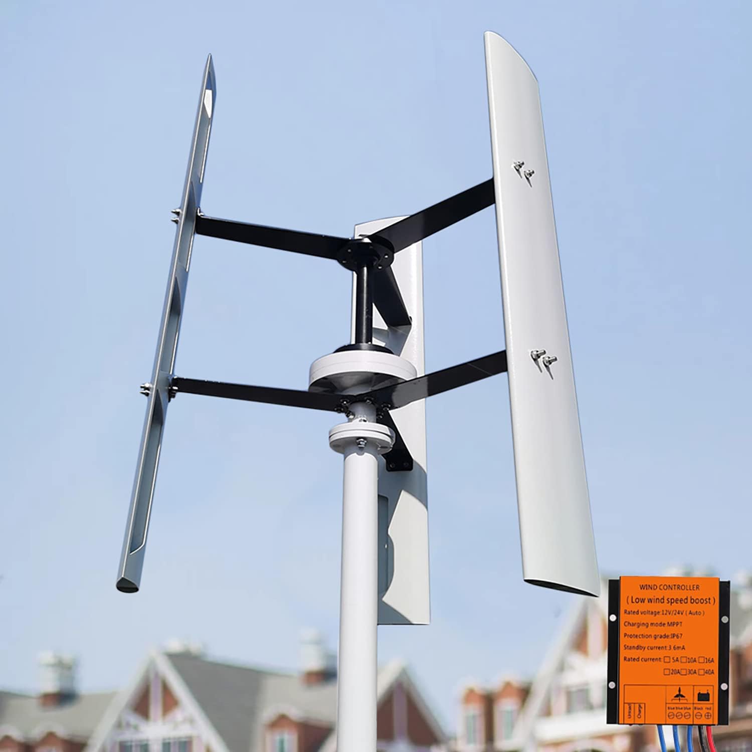 800W 12V Wind Turbine Generator VAWT 3 Blades Vertical Axis Wind Turbine Kit 2m/s Low Wind Speed Starting Wind Power Generator with MPPT Charge Controller for Off Grid System to Charge Battery