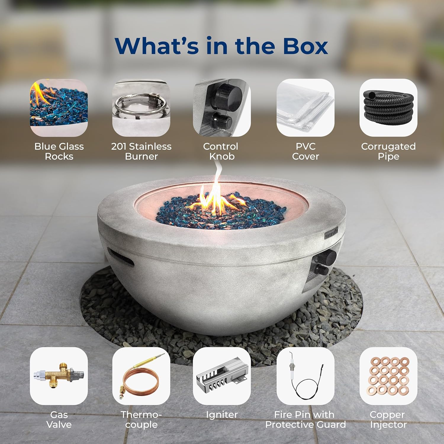 SereneLife SLNFBAL7 Propane Fire Pit Table – 40,000 BTU Outdoor Gas Fire Table w/Adjustable Flame Control, CSA/ETL Certified, Weather-Resistant, Thermocouple Safety, PVC Cover & Lava Rocks