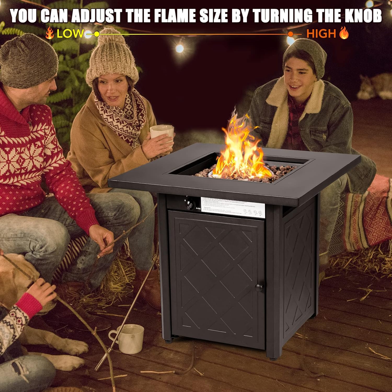 Happygrill Propane Fire Pit Table, 28’’ Outdoor Gas Fire Pit with Lid & Lava Rocks, 50,000BTU Auto-Ignition Fire Table with Adjustable Flame, 2-in-1 Square Fire Pit Table for Patio Backyard Poolside