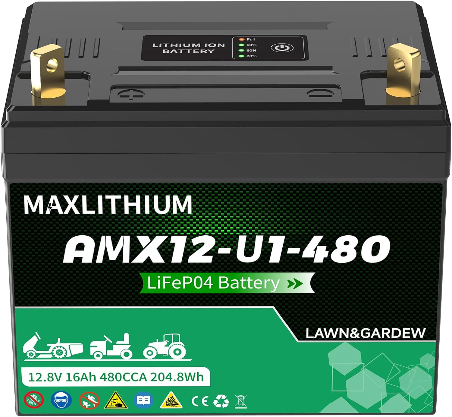 480CCA Group U1 Lithium LiFePO4 Lawn Mower Battery - 12.8V 16Ah with Power Indicator Compatible for Ride on Lawn Tractor, Fits for Craftsman, Cub Cadet, Troy-Bilt & Generators