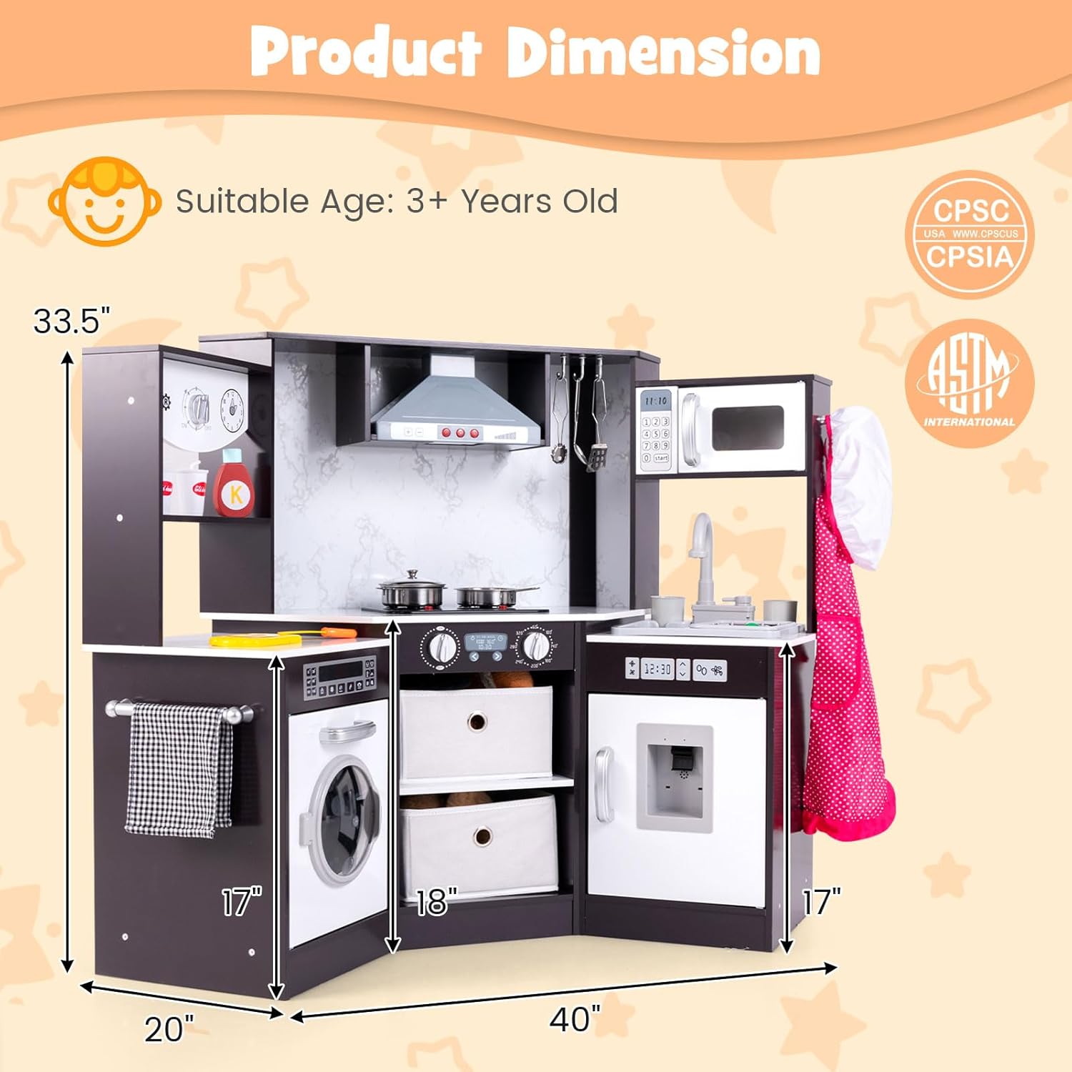 Costzon Corner Play Kitchen, Wooden Toddler Kitchen Playset w/Lights and Sounds, Water Circulation System, Washing Machine,Accessories, Kids Kitchen Playset for Boys,Girls (Brown)