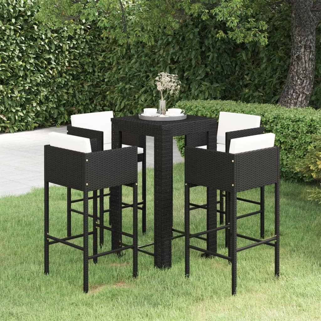 5 Piece Patio Bar Set with Cushions Poly Rattan Black Garden Furniture