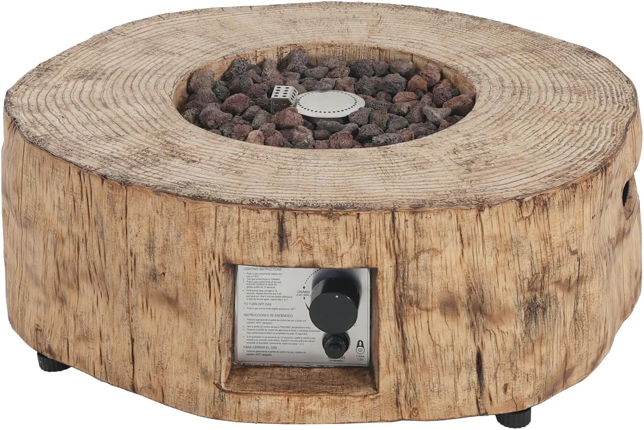 Patio Propane Fire Pit Brown 30,000Btu Stylish Wood Pattern Design Outdoor Cozy Gatherings