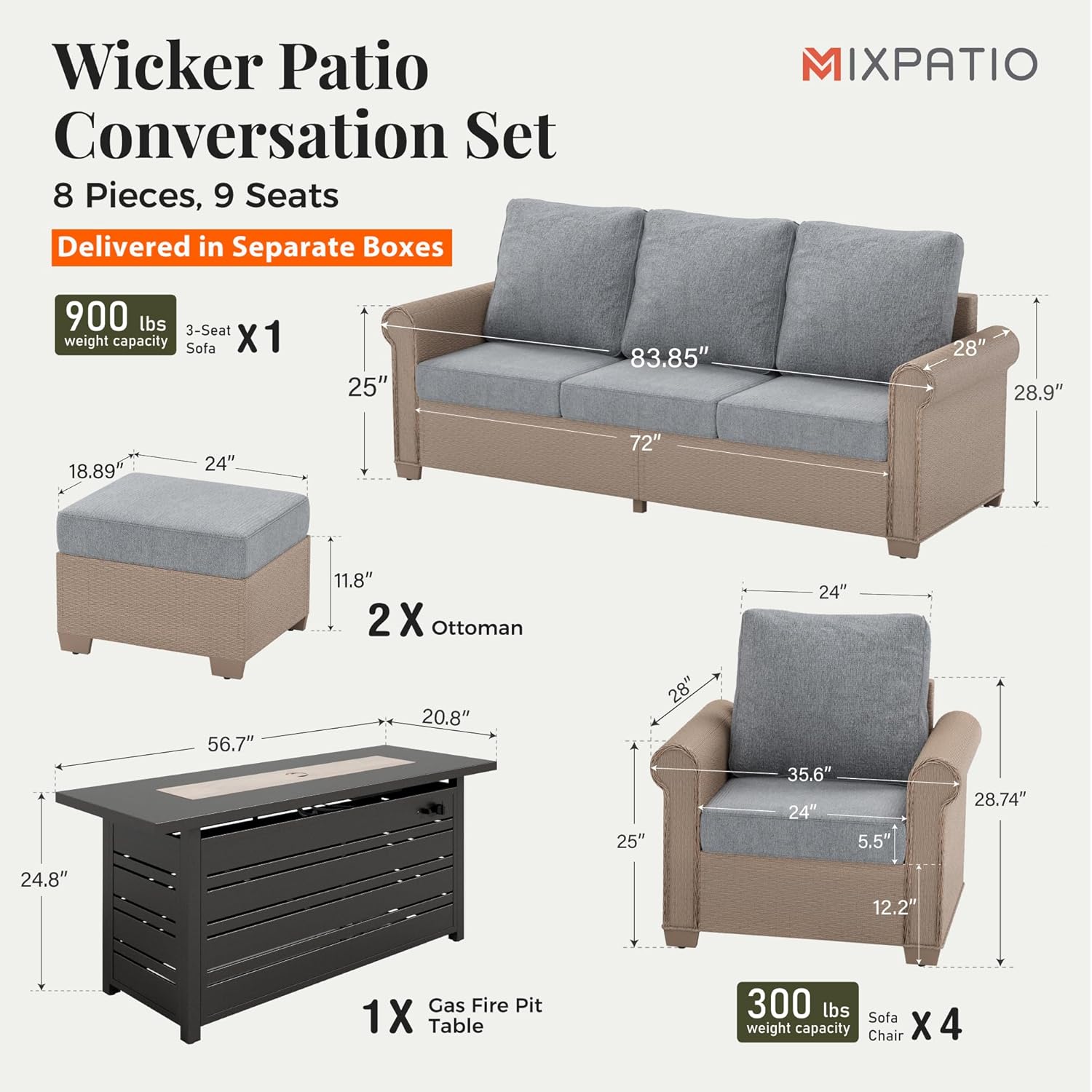 Patio Furniture Set 8 pcs, Wicker Outdoor Patio Furniture, 3-Seat Sofa, 4 Single Chairs, 2 Ottomans and 56