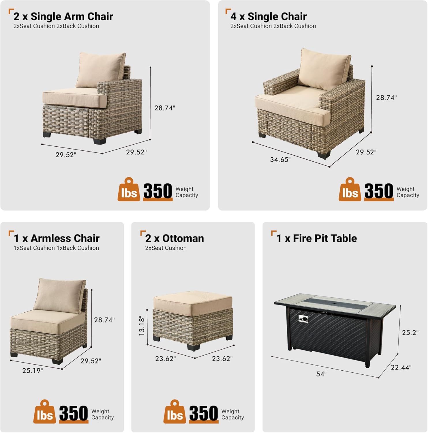 ovios 10 Piece Patio Sectional Furniture with 42in Fire Pit Table, Rattan Wicker Coversation Setwith Single Chairs, Outdoor Sofa Set for Outside Porch Balcony Backyard Pool, Beige