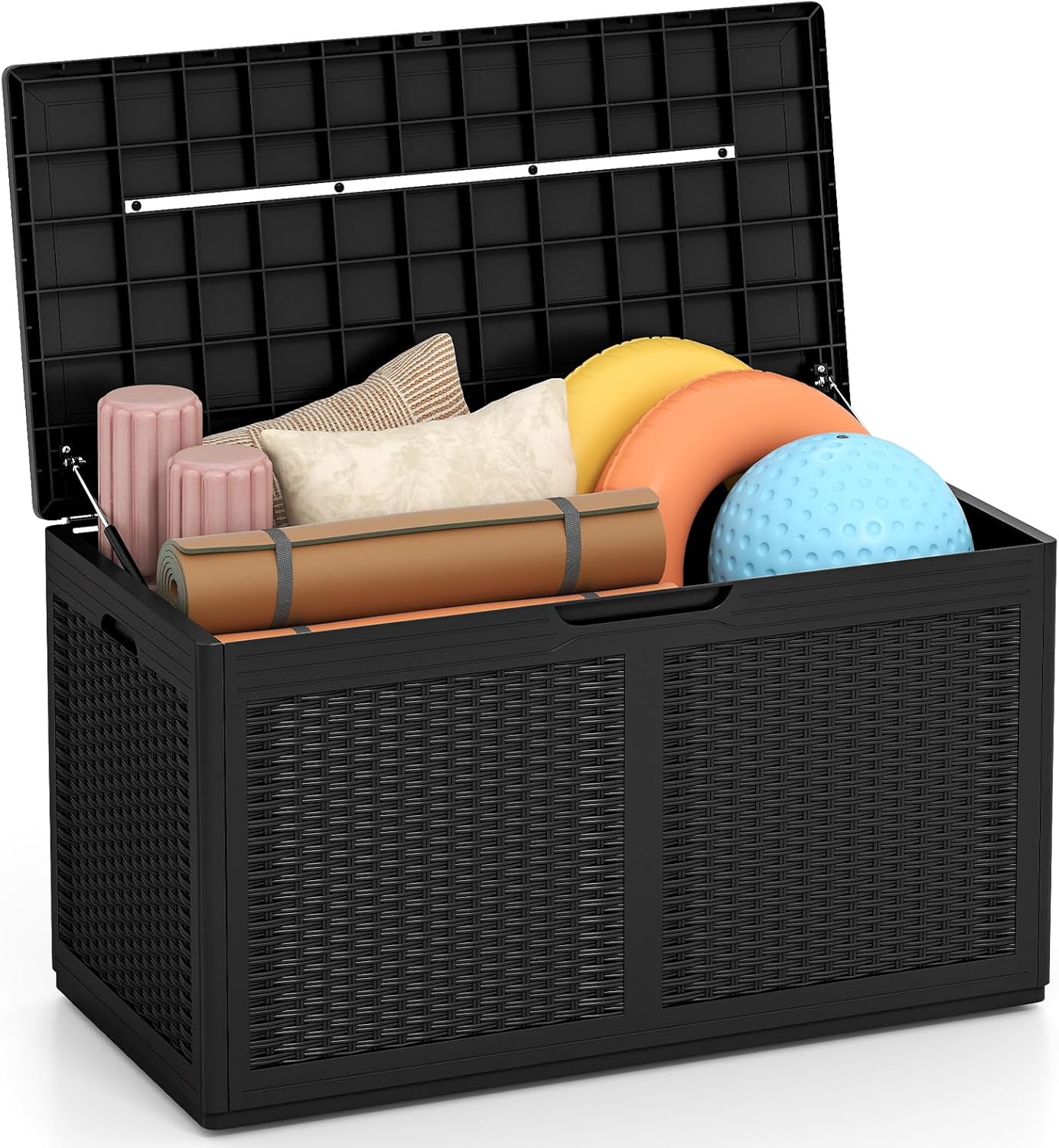 Giantex 100 Gallon Resin Outdoor Storage Box, Waterproof Deck Box w/Lockable Lid & Wheels, Rattan Storage Container Bench for Patio Cushions, Pool Accessories, Gardening Tools, 440 lbs (Black)