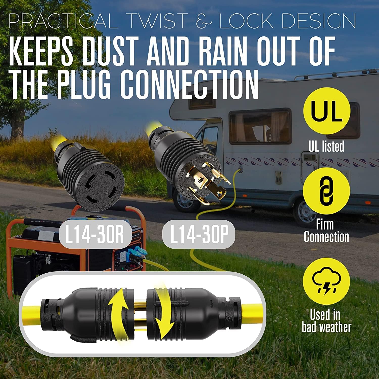 Houseables 30 Amp Generator Cord, Generator Cord, NEMA L14-30P to L14-30R, 30 Amp Extension Cable, 125/250V for 240V Use, 240 Volt, 30amp Power Wire, 4 Prong Plug, Dryer, UL CUL, 10 Gauge, 7500W, 50FT