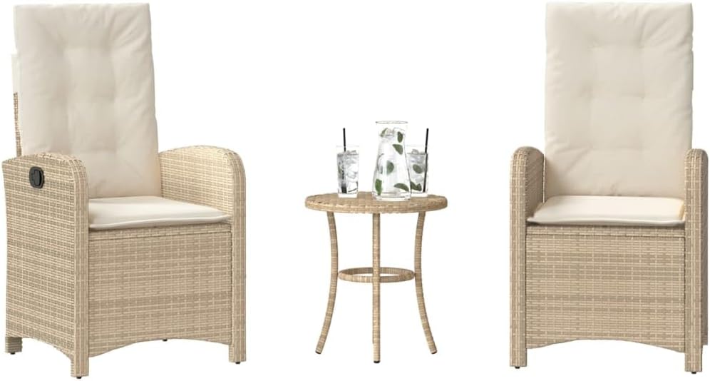 3 Piece Bistro Set with Cushions Beige Poly Rattan,Versatile Patio Bistro Set with Adjustable Backrest and Comfortable Cushions for Outdoor Comfort Patio Furniture Sets, Outdoor Furniture Sets