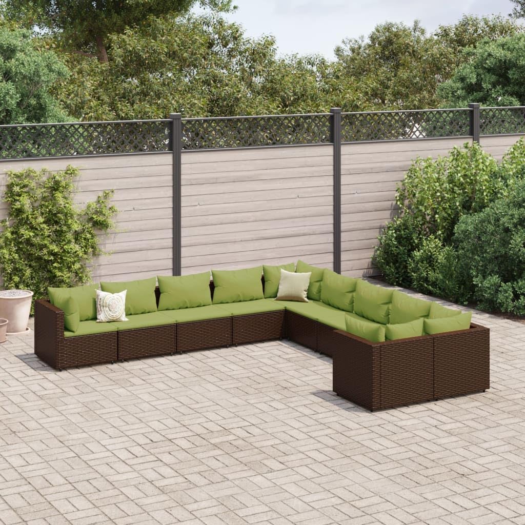 10 Piece Patio Sofa Set with Cushions Brown Poly Rattan,Outdoor PE Rattan Patio Sofa Set with Tempered Glass Table and Cushions Furniture Sets for Patio, Lawn & Garden