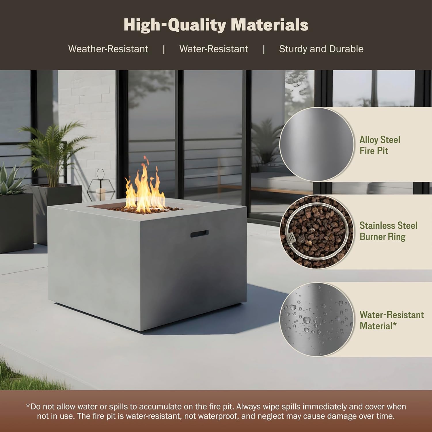 Kinger Home Kai 32-Inch Square Propane Fire Pit Table, Alloy Steel Outdoor Fire Pit with 50,000 BTUs, Certified, Includes a Burner lid, Lava Rocks and Weatherproof Cover