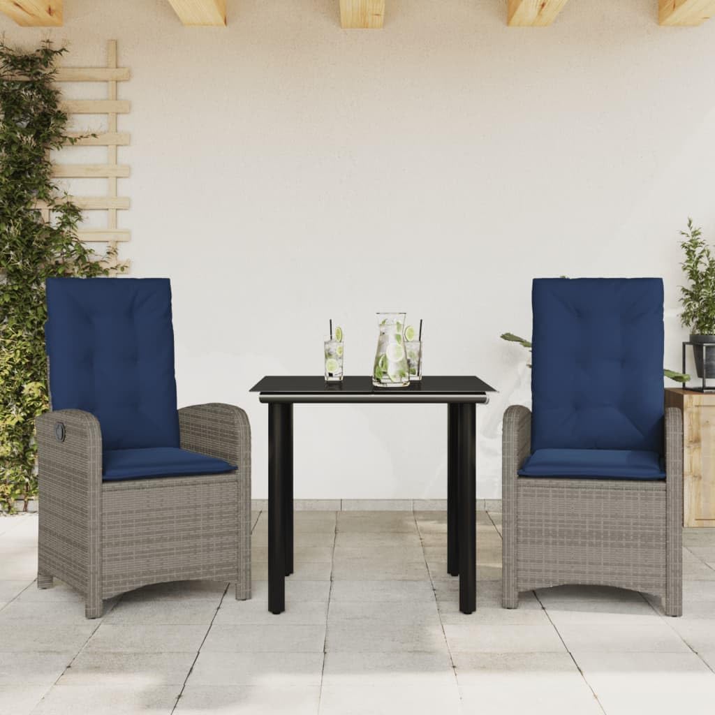 3 Piece Patio Dining Set with Cushions Gray Poly Rattan Garden Furniture