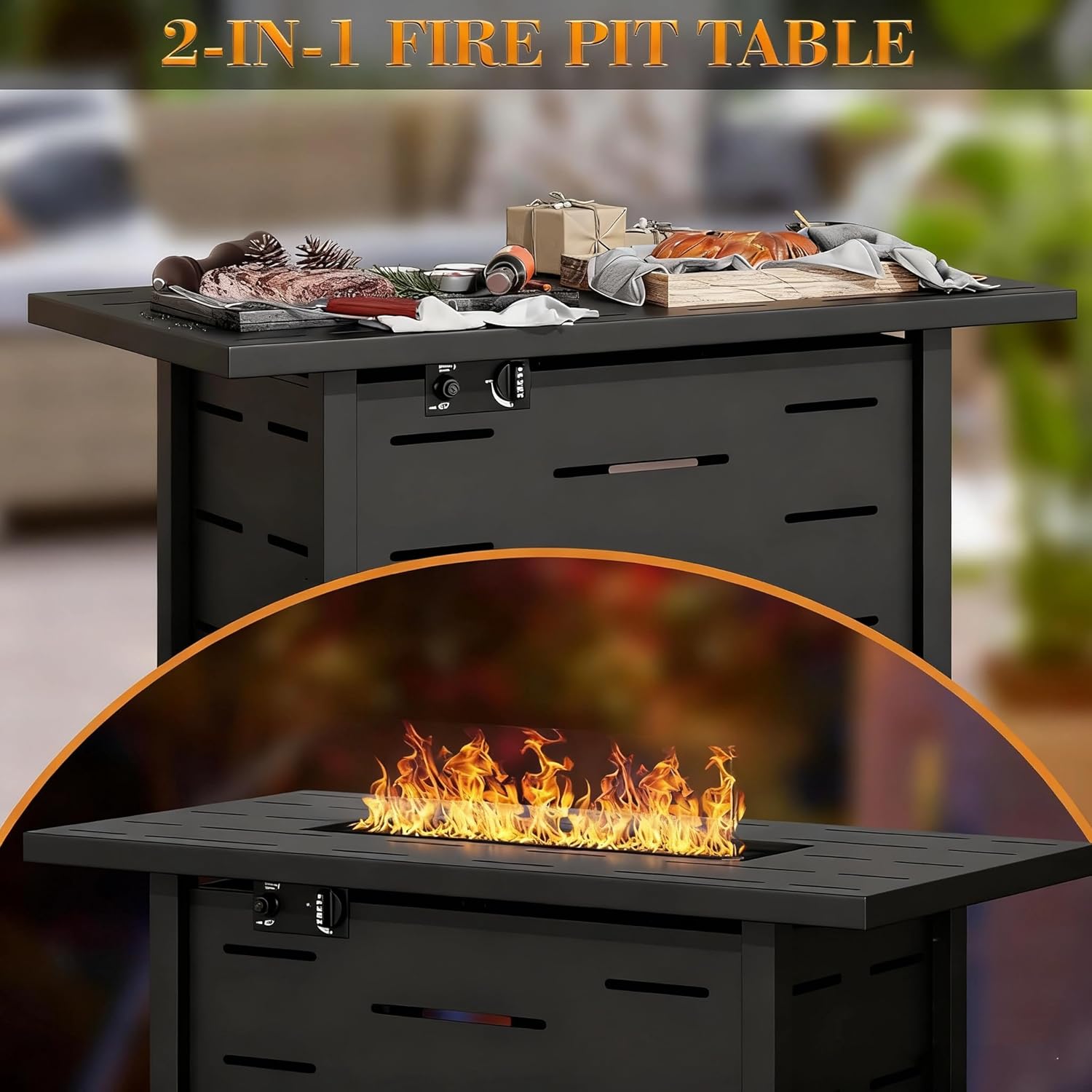 43 Inch Propane Fire Pit Table, 50,000 BTU Steel Gas Fire Pit with Steel Lid & Lava Rocks, 2-in-1 Outdoor Fire Table for Patio, Deck, Garden & Backyard, Black