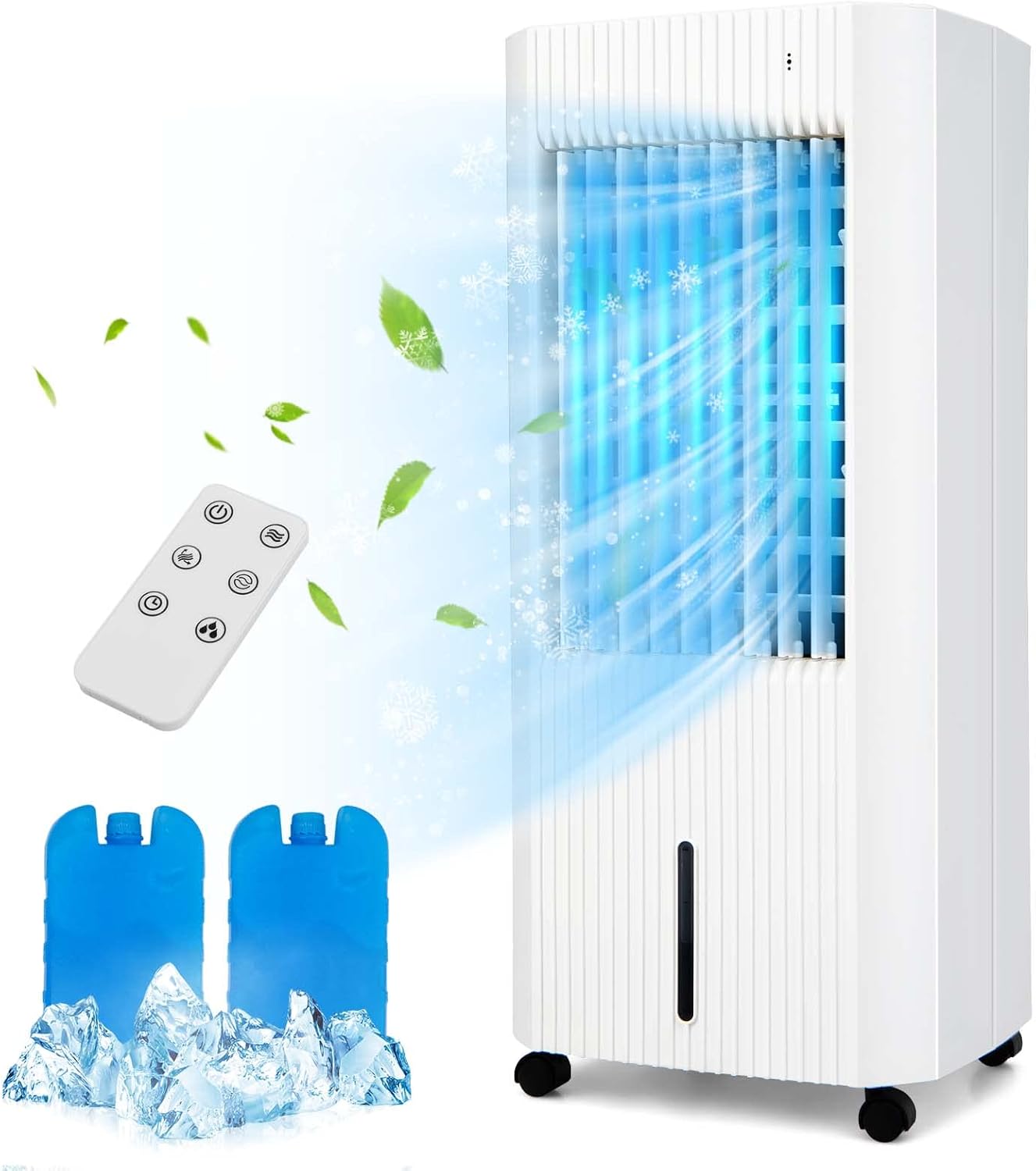 LDAILY 3-In-1 Evaporative Air Cooler w/Humidifier & Fan, Portable Rolling Windowless Swamp Cooler w/Remote Control & 2 Iced Boxes, 60° Oscillation Cooling Fan w/ 15H Timer & 1.3 Gal Water Tank