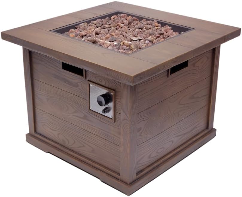 Stylish Square Outdoor Gas Fire Pit Table for Patio and Backyard Use with Built-in Propane Tank Storage and Rustic Wood-Finish Design