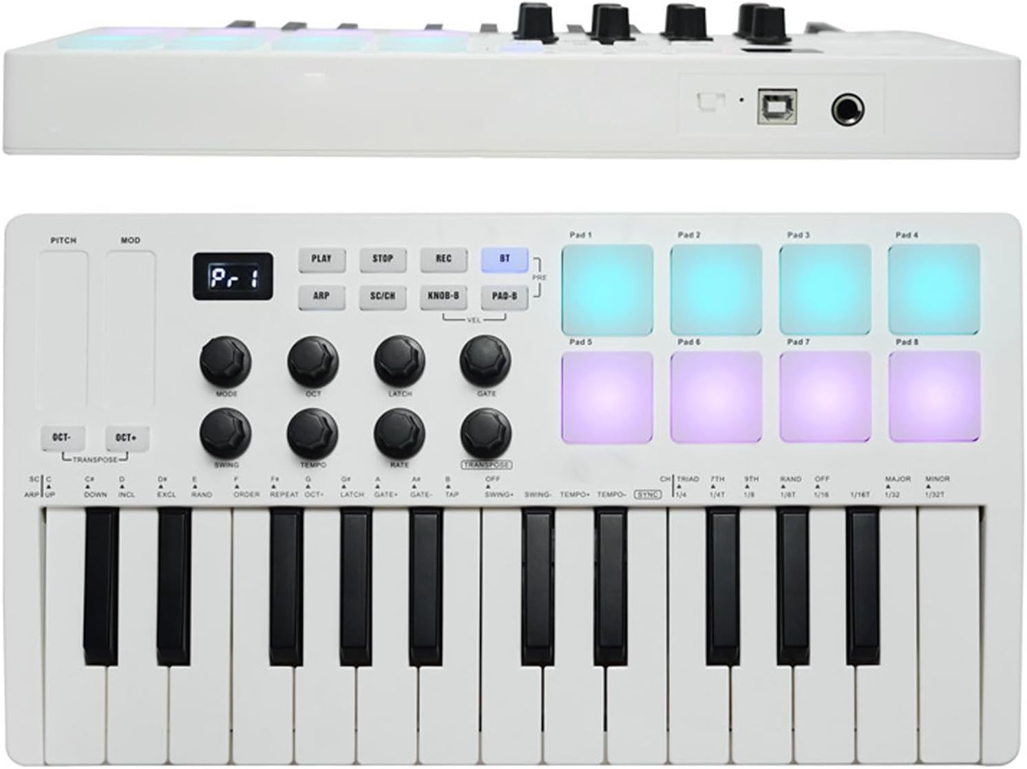 25 Key USB MIDI Keyboard Controller with 8 Backlit Drum Pads and 8 Assignable Knobs for Music Production, Rechargeable