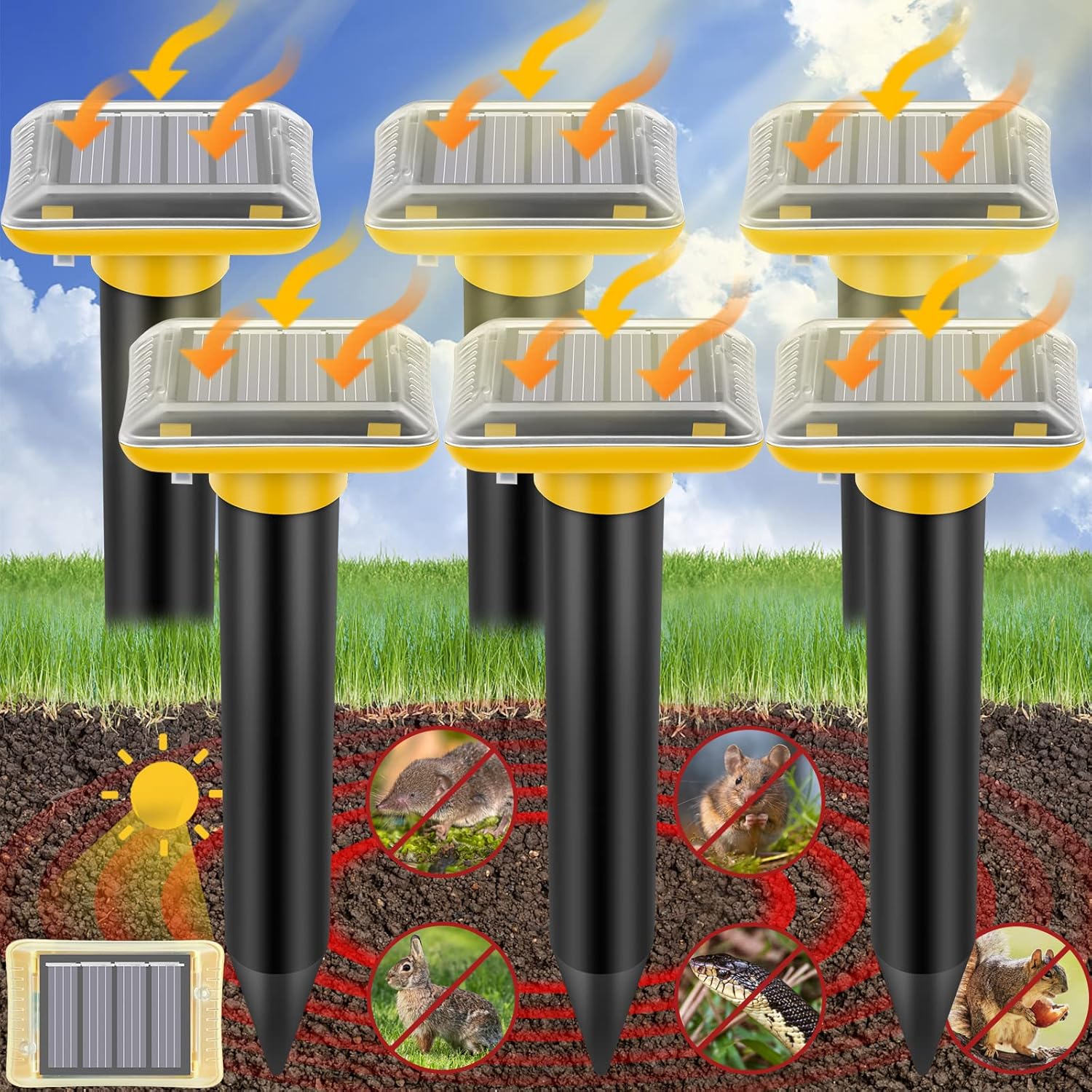 Ultrasonic Mole Repellent Outdoor, Solar-Powered Gopher Mole Repellent for Lawn, Waterproof Mole Killer Traps for Yard, Effectively Repels Gophers Snake Chipmunks Voles Groundhogs, Yellow-6PC