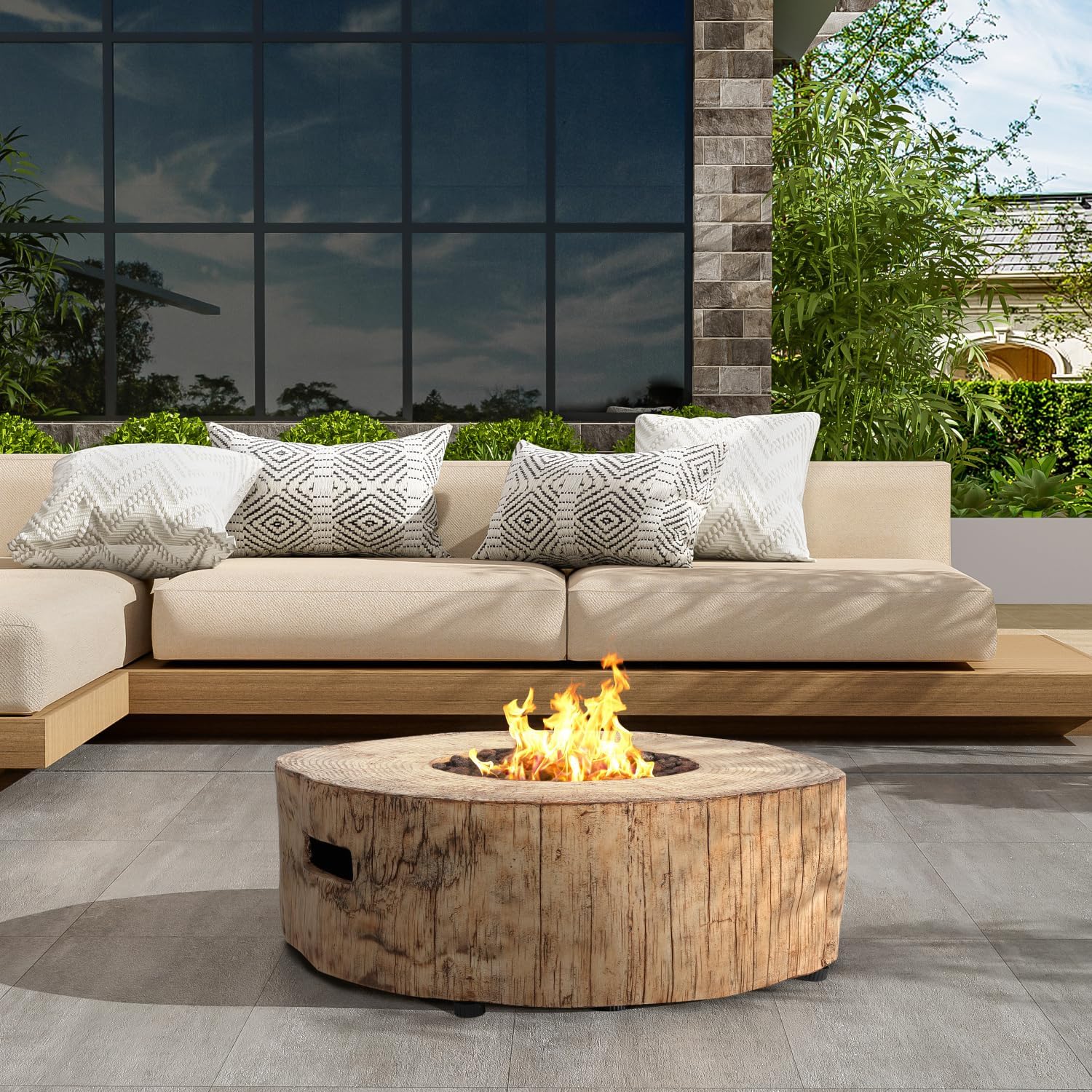 Patio Propane Fire Pit, 30,000BTU, Wood Pattern Brown Magnesium Oxide Efficient and Warm Outdoor Lawn Cozy Gatherings