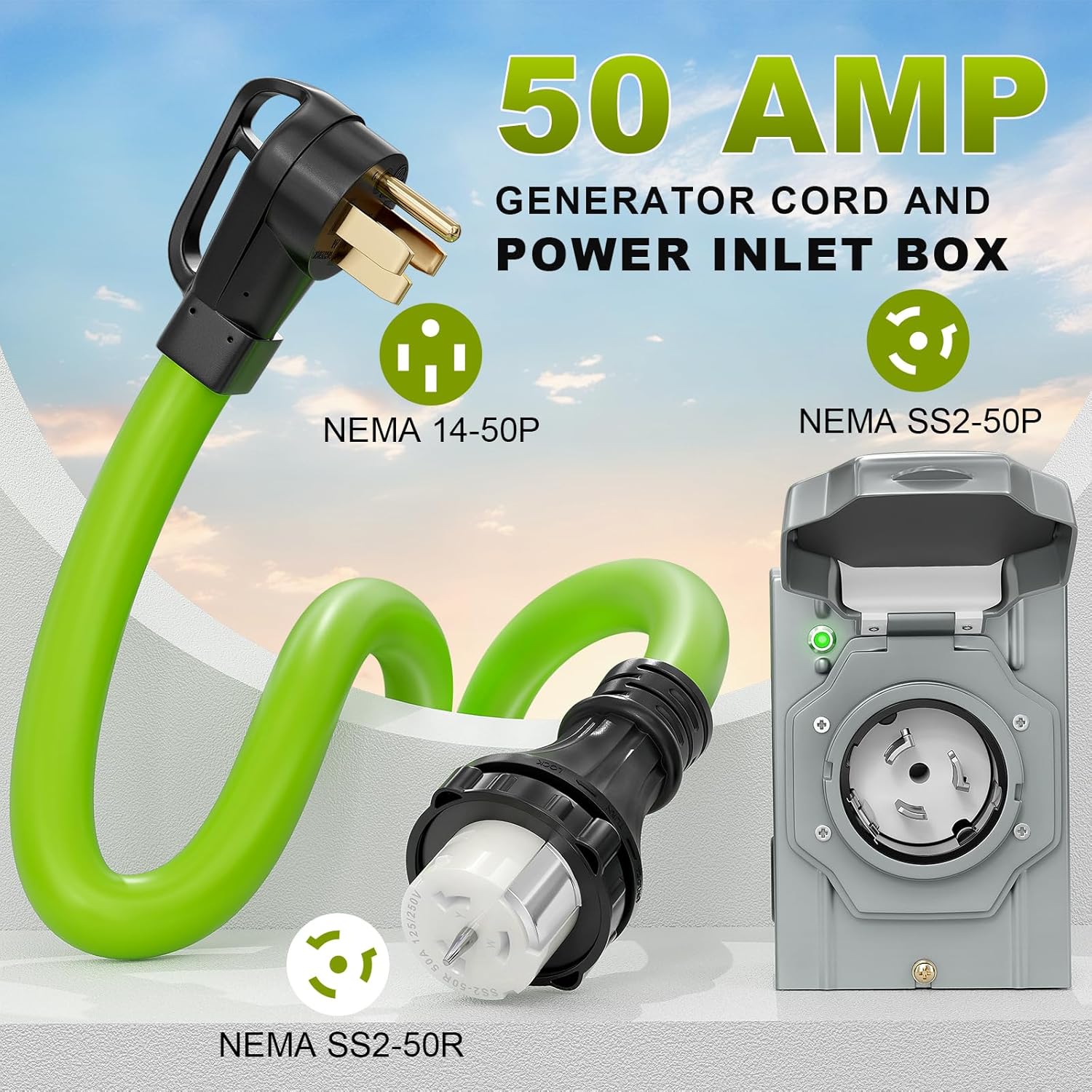 50 Amp Generator Cord and Power Inlet Box Kit, 15Feet 50A 4 Prong Heavy Duty RV Extension Cord NEMA 14-50P to SS2-50R STW 6/3+8/1 AWG Gauge Wire Cable for RV Camper & House,Pre-Drilled, ETL Listed