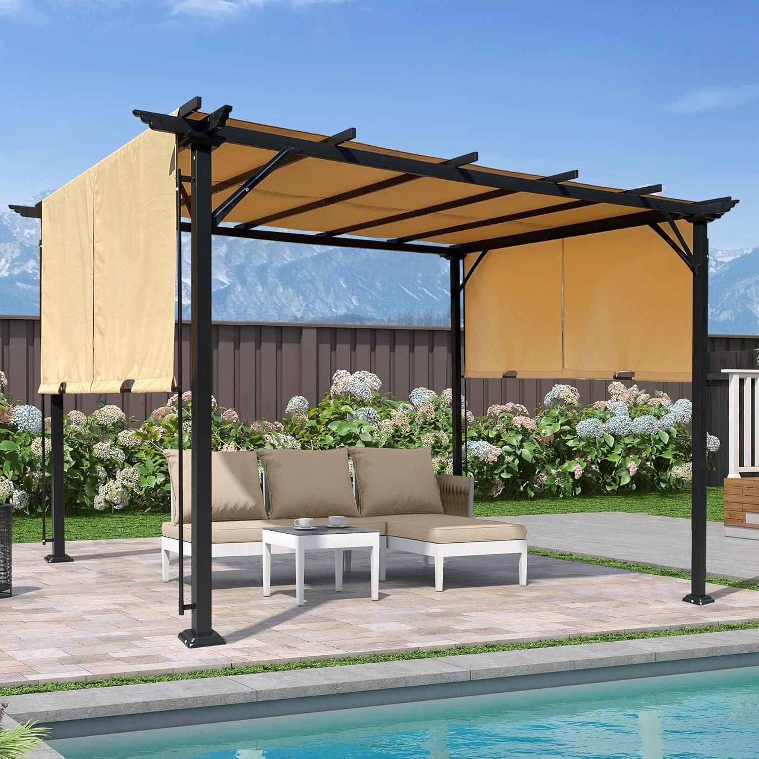 9.5 x 12 Ft Outdoor Pergola Patio Gazebo,Retractable Shade Canopy,Steel Frame Grape Gazebo,Sunshelter Pergola for Gardens,Terraces,Backyard-Khaki