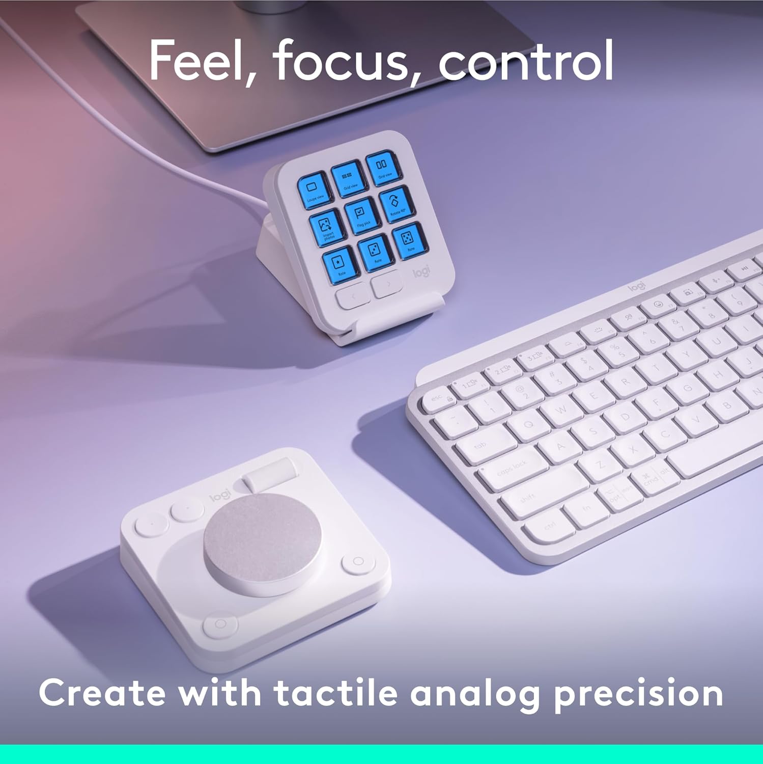 Logitech MX Creative Console, 9 Customizable LCD Keys, Stream Deck Accessories, Control Dial for Graphic Design, Adobe, Zoom, Spotify - Pale Grey, 3-Month Adobe Creative Cloud Membership