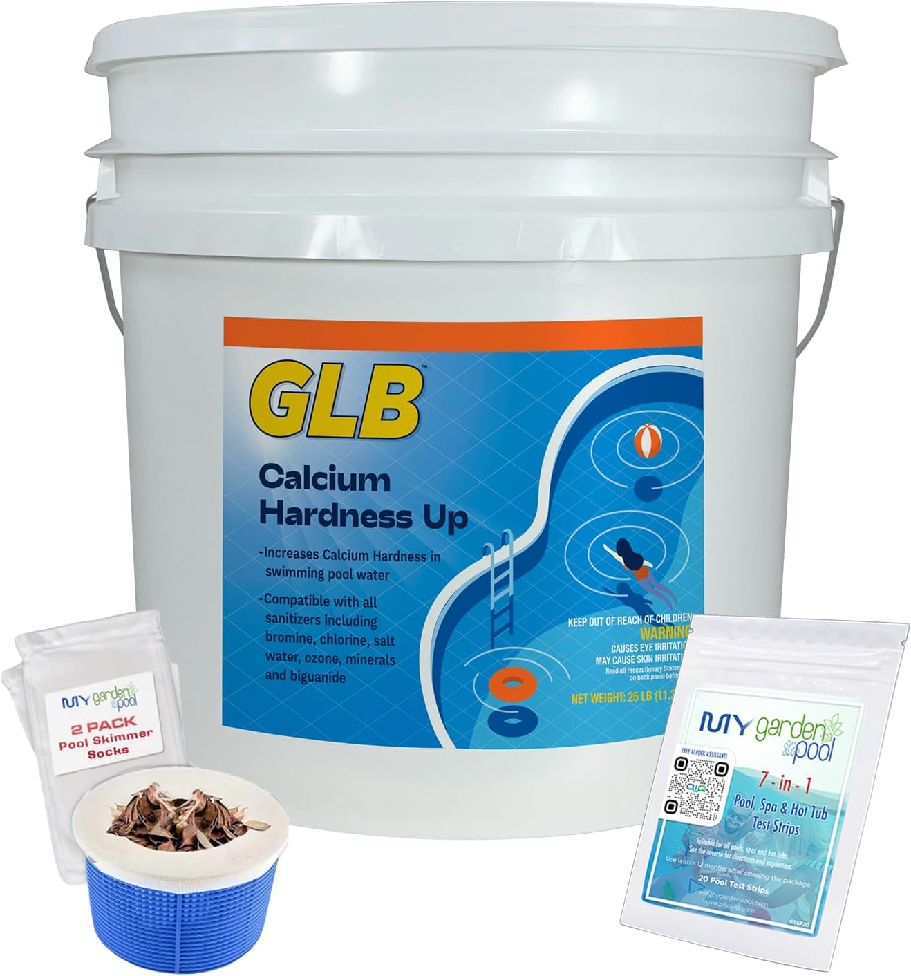 GLB Calcium Hardness Up (Pail) 25 LB–71214A–Raises Calcium Hardness for Balanced Water & Equipment Protection–Easy-to-Use Granules–Includes My Garden Pool 7-in-1 Test Strips (20 ct) & 2 Skimmer Socks