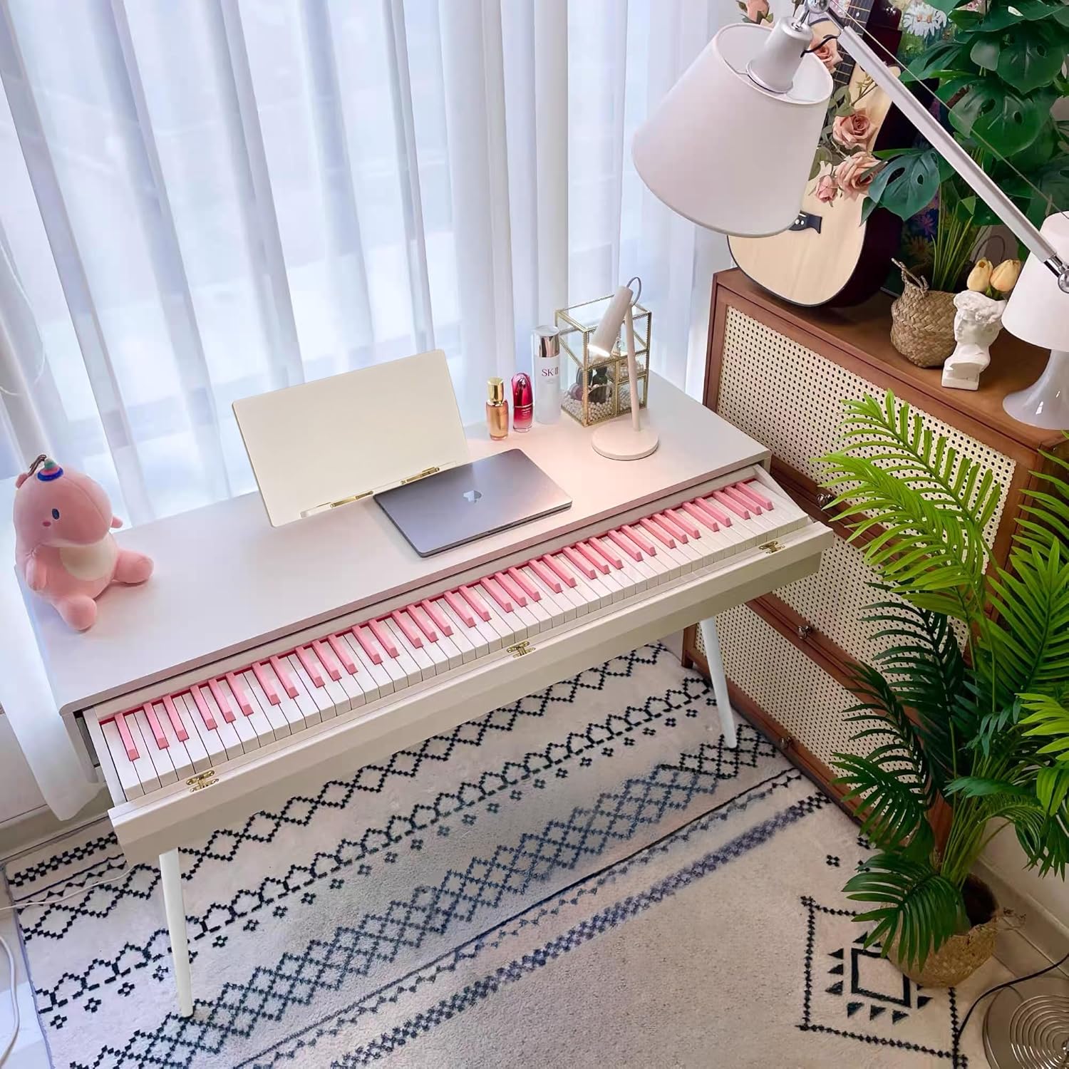 LANDTOM 88-Key High Level Heavy Hammer Electric Piano Drawer Type Home Desk Electronic Piano for Beginners/Intermediates/Seniors/Specialist (Pink key with bench)