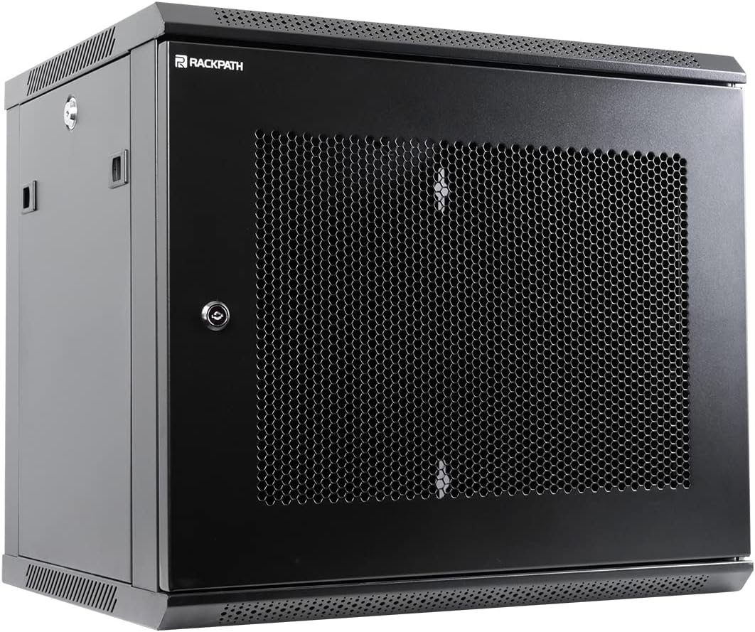 RackPath 9U Wall Mount Server Cabinet Network Rack Enclosure, Quiet Cooling Fan, Perforated Door, Black