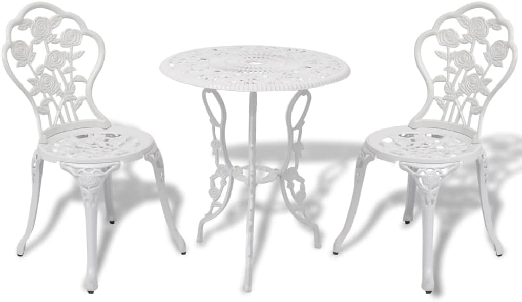 3 Piece Bistro Set Cast Aluminum White,Elegant Patio Bistro Set with Floral Accents, for Outdoor Dining and Relaxation Outdoor Furniture Sets, Patio Furniture