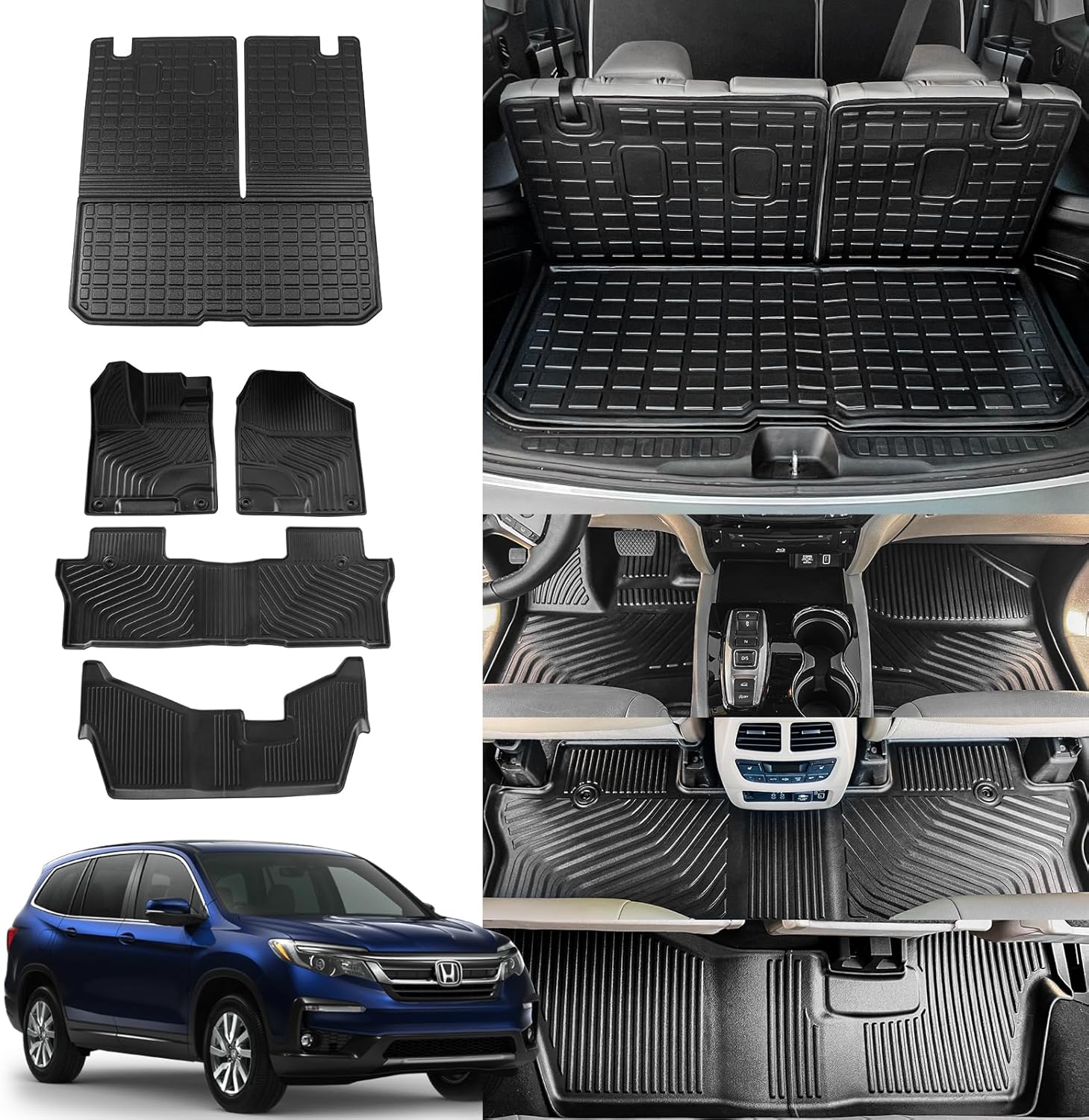 Rongtaod Floor Mats Compatible with 2016-2022 Honda Pilot 8 Seats Trunk Mat Cargo Mat Cargo Liner Back Seat Cover Protector (No Elite Model) Pilot Accessories (Trunk Mat with Backrest Mat+Floor Mats)