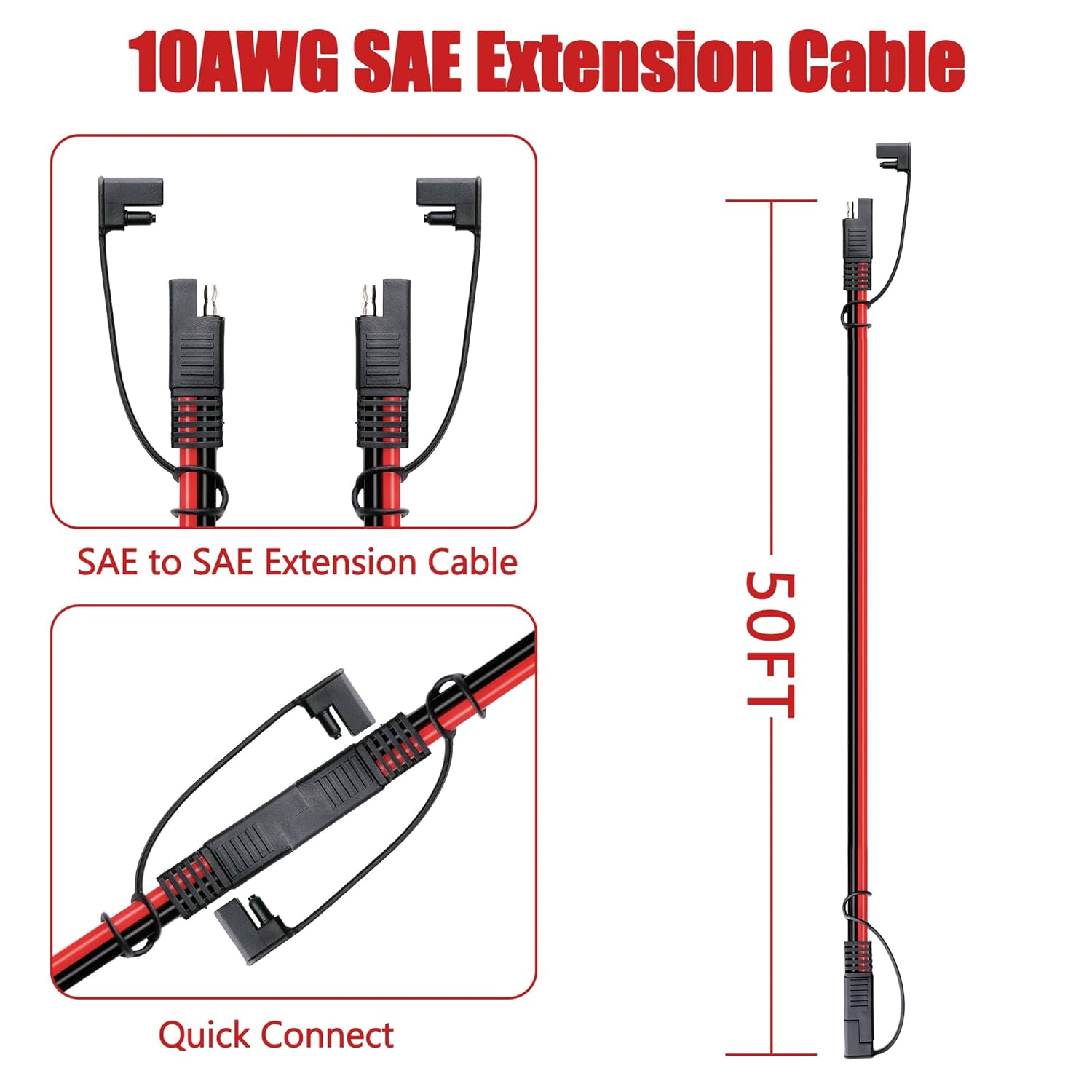 10AWG SAE Extension Cable - 3/6/12/25/50FT Adapter Wire for Solar Panel, Battery, Automotive, RV, Camp, Trailer, Tractor (50FT, Red+Black, MK-SAE1050)