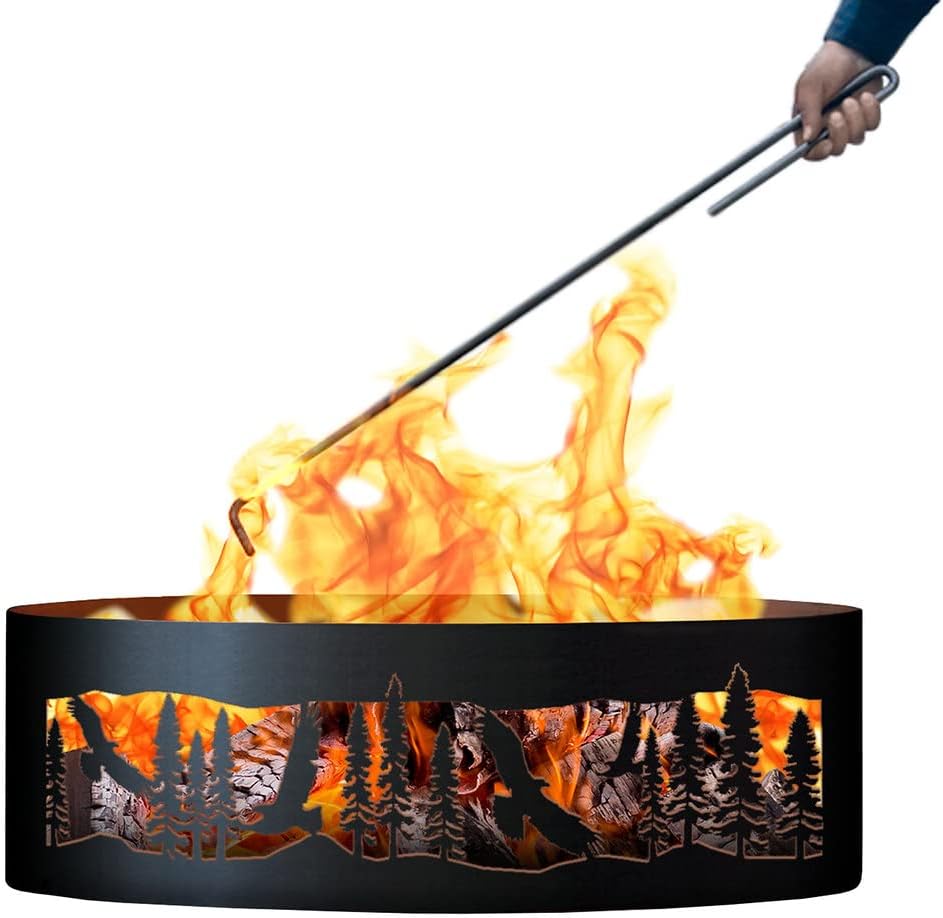 PD Metals SOEA01548-FP Soaring Eagle Unpainted 12 in. Tall 48 in. Diameter Outdoor Fire Ring with Fire Poker - 48 x 48 x 12 in. - Rustic Black Color
