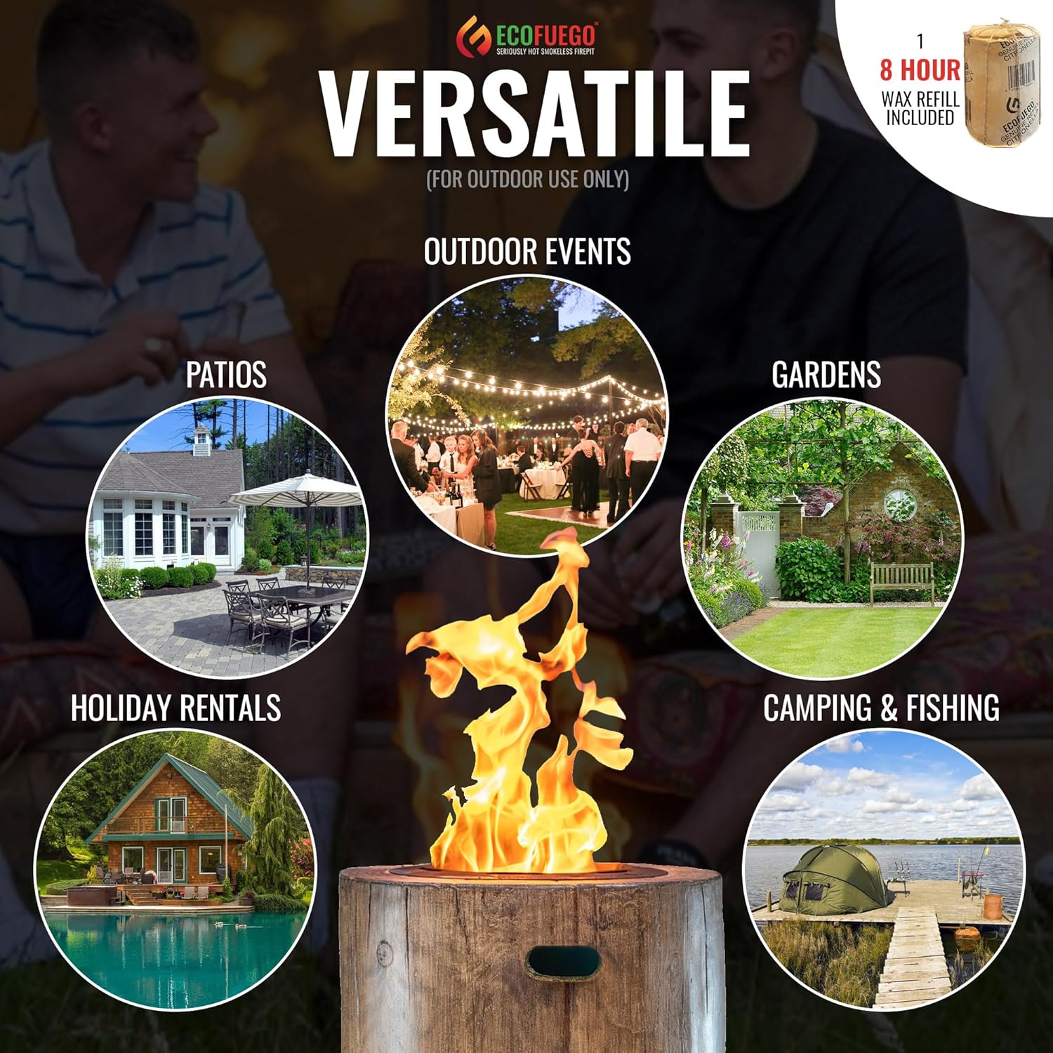 El Fuego Wax Fire Pit – Lights in Seconds for Instant Heat with No Wood Smoke, Low Maintenance, The Ultimate in Convenience - Original