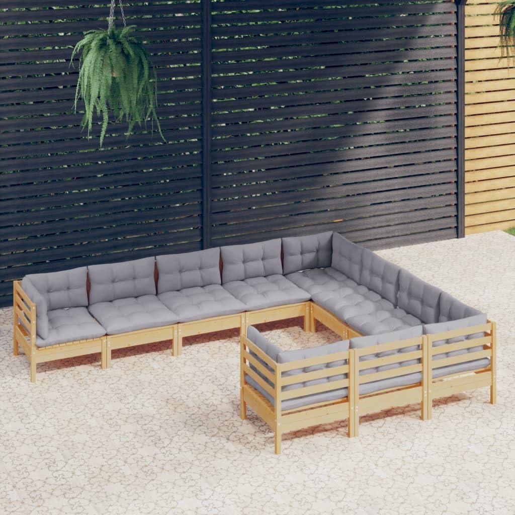10 Piece Patio Lounge Set with Gray Cushions Pinewood,Sturdy and Stylish Wooden Patio Lounge Set for Relaxing and Socializing Patio Furniture Sets, Outdoor Furniture Sets