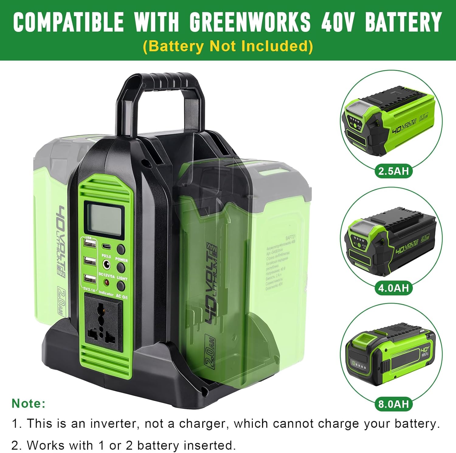 Power Inverter for Greenworks 40V Battery, 350W 2-Port DC 40V to AC 120V Portable Battery Converter with LED Light, 6 Output Ports, LCD Display for RV Camping, Emergency, Power Outages