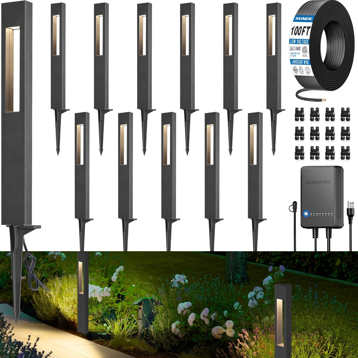 SUNVIE All-In-One LED Low Voltage Landscape Lighting Kit 12 Pack Low Voltage Pathway Lights with 60W Transformer ETL Listed 100FT Wire for Path Garden, Waterproof Pathway Lights Wired, 3000K, Aluminum