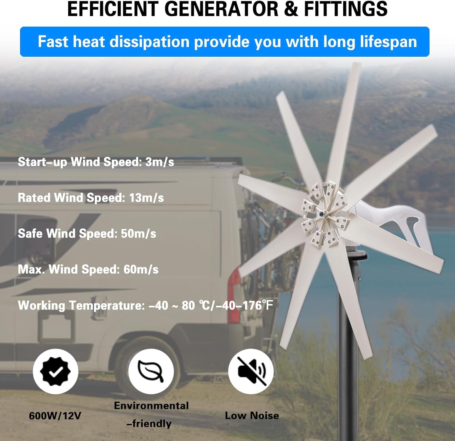 Wind Turbine Generator Kit 600W 12V with 8 Blade, Wind Generator Kit with Charge Controller, Wind Power Generator for Marine, RV, Home, Terrace