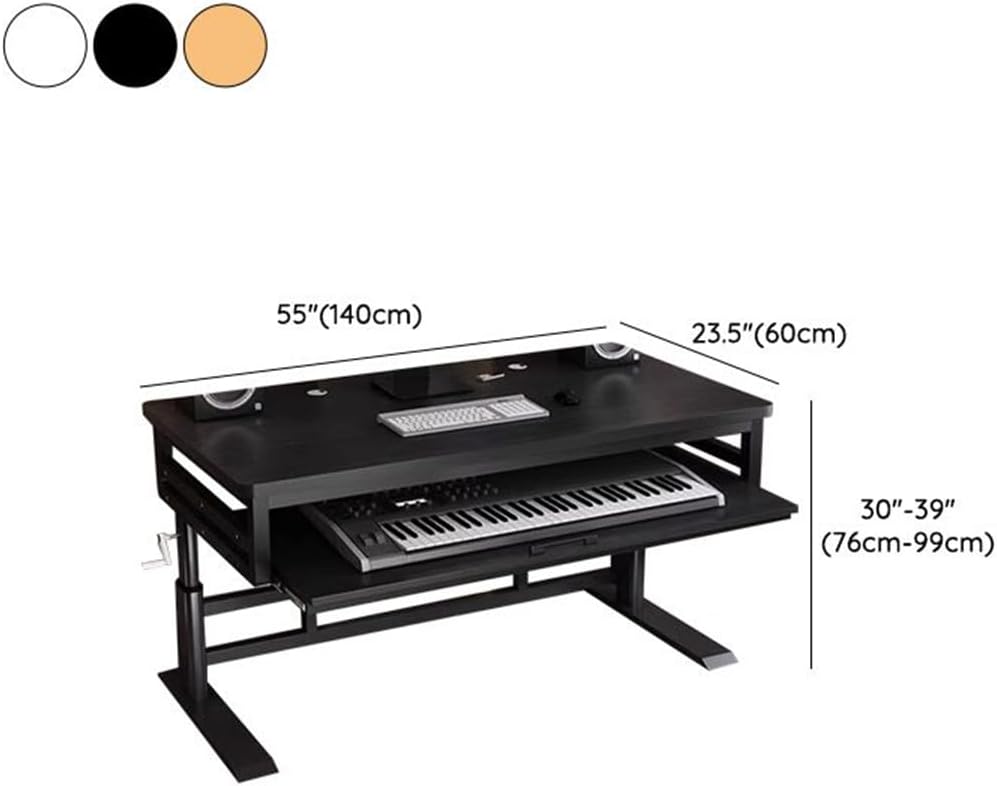 KWOKING Office Computer Desk with Organized Wiring & Keyboard Shelf Workbench Electronic Piano Midi Keyboard Music Production Recording Studio Hand-cranked Lifting Table Black 55