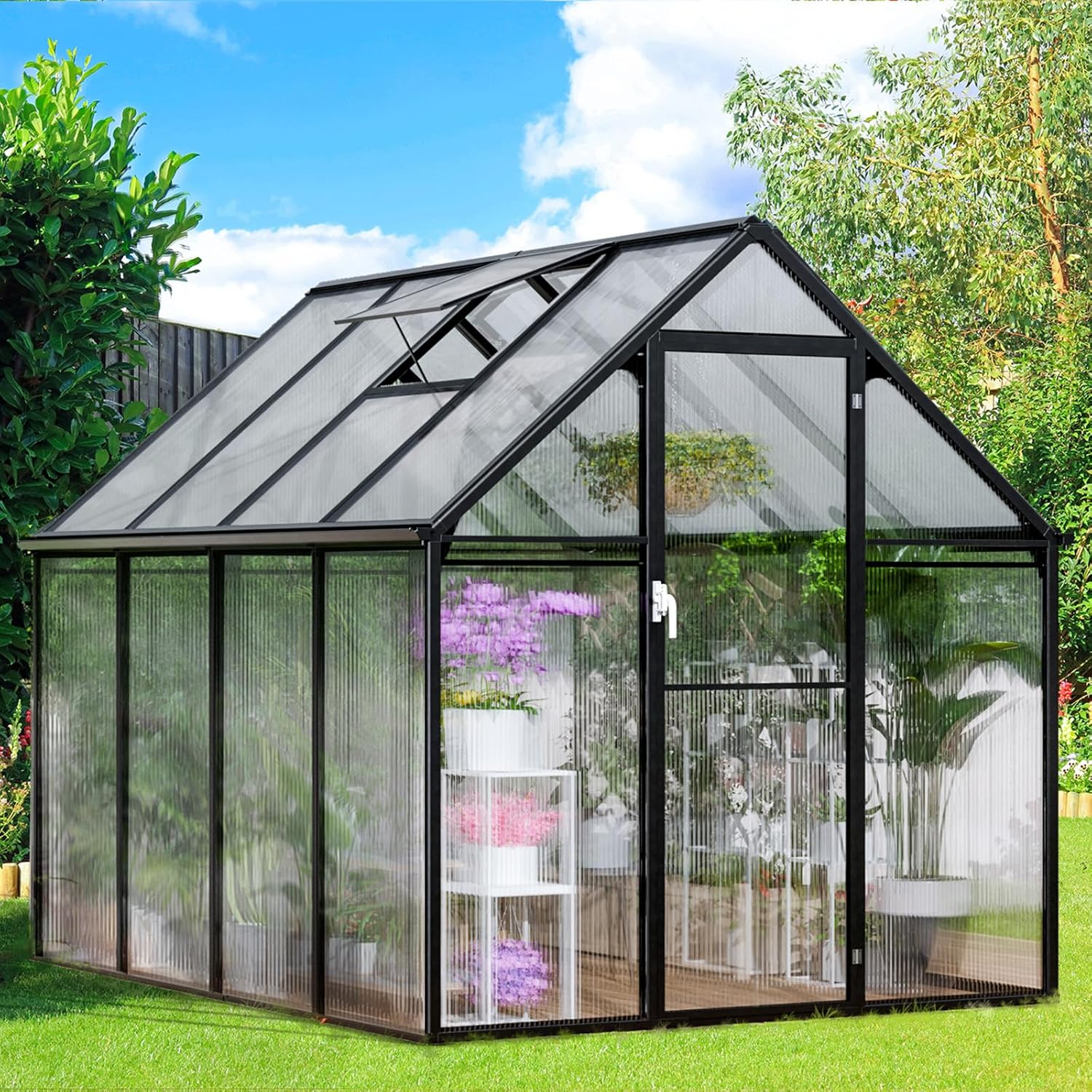 Greenhouse, 6.2x8.2 FT Upgraded Hybrid Polycarbonate Greenhouses for Outdoors w/Vent Window, Swing Door Walk-in Greenhouses Aluminum Green House for Garden Backyard, Easy to Install, Black