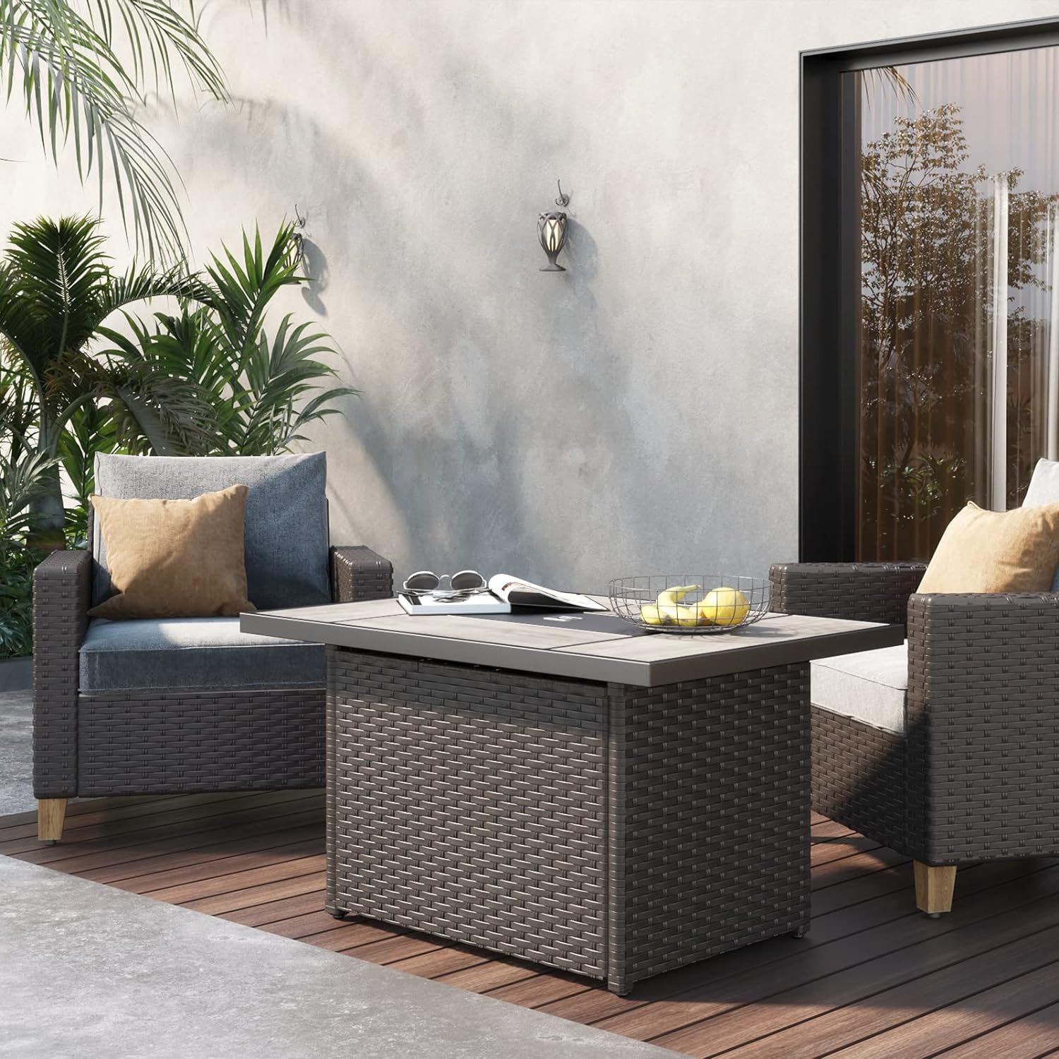 Grand patio Outdoor Propane Fire Pit Table with Cover/Lid for Patio, 43 inch 60,000 BTU,Wicker/Rectangle