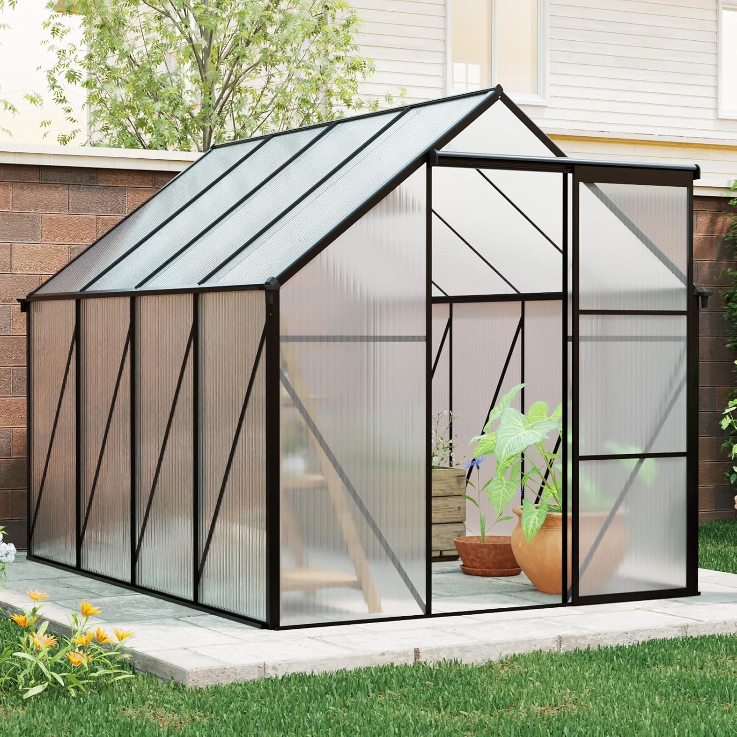 Walk-in Greenhouses Kit for Outdoors - Heavy Duty Polycarbonate Plastic Outdoor Greenhouse with Aluminum Frame for All Season Winter Garden House,Black6*8FT